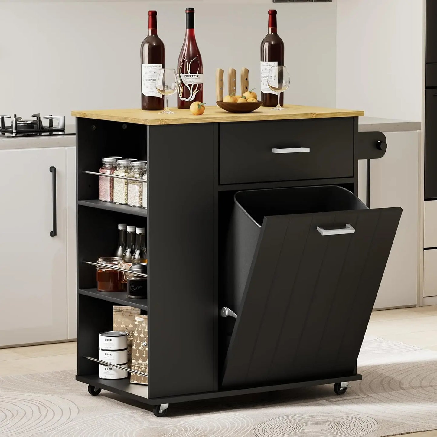 Rolling Kitchen Island On Wheels With Trash Bin Storage And Racks