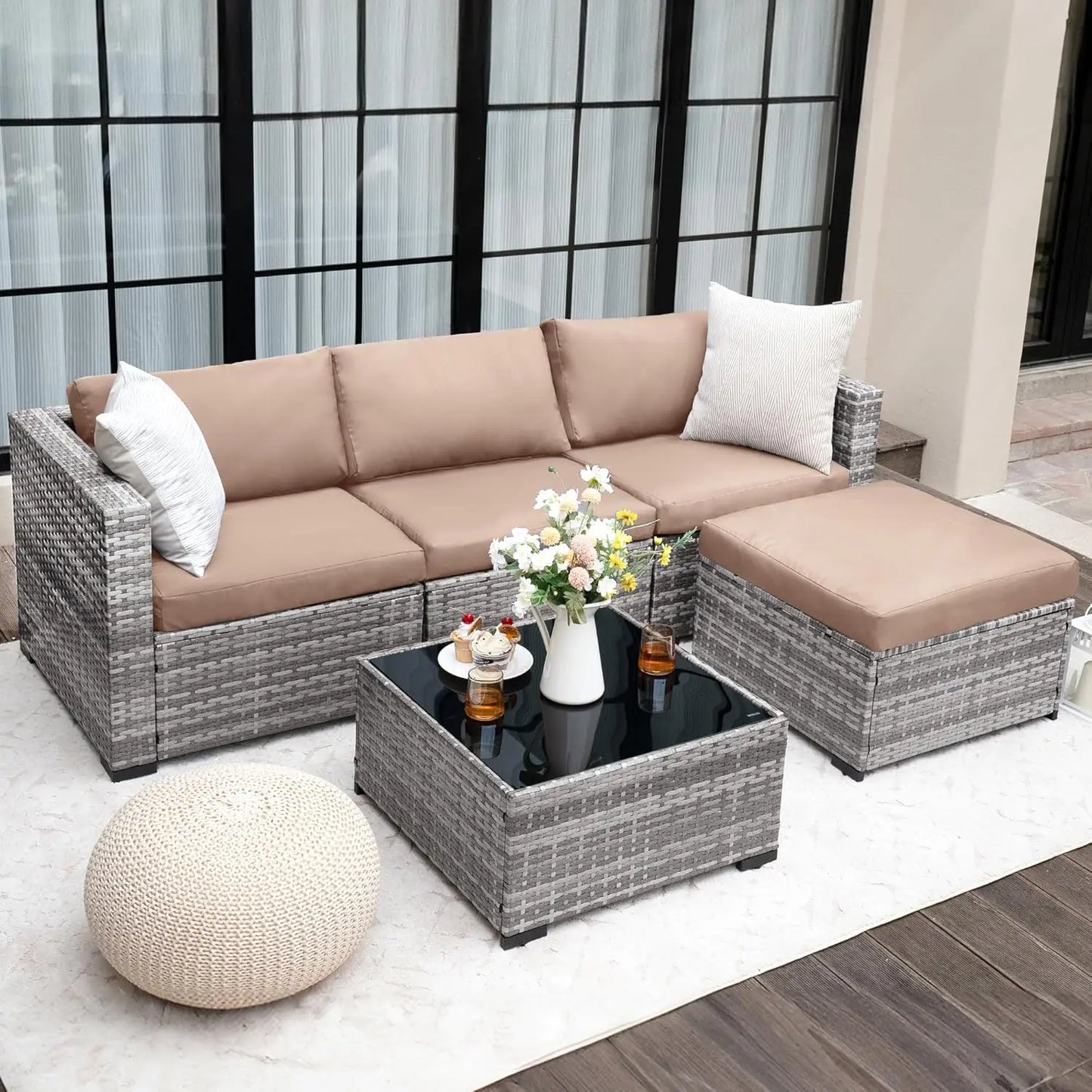 5 Piece Patio Furniture Set All-Weather Wicker Outdoor Sectional