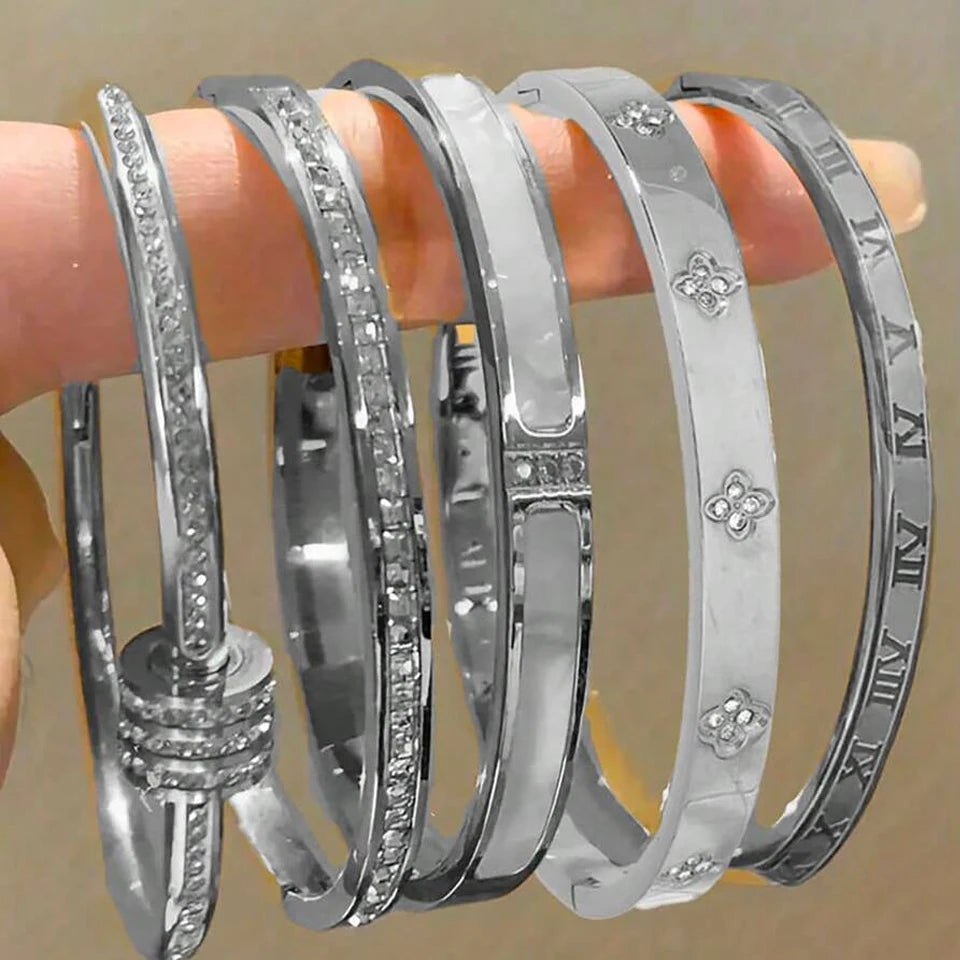 Sparkling Zirconia Inlaid Stainless Steel Stackable Bracelet Set For Women