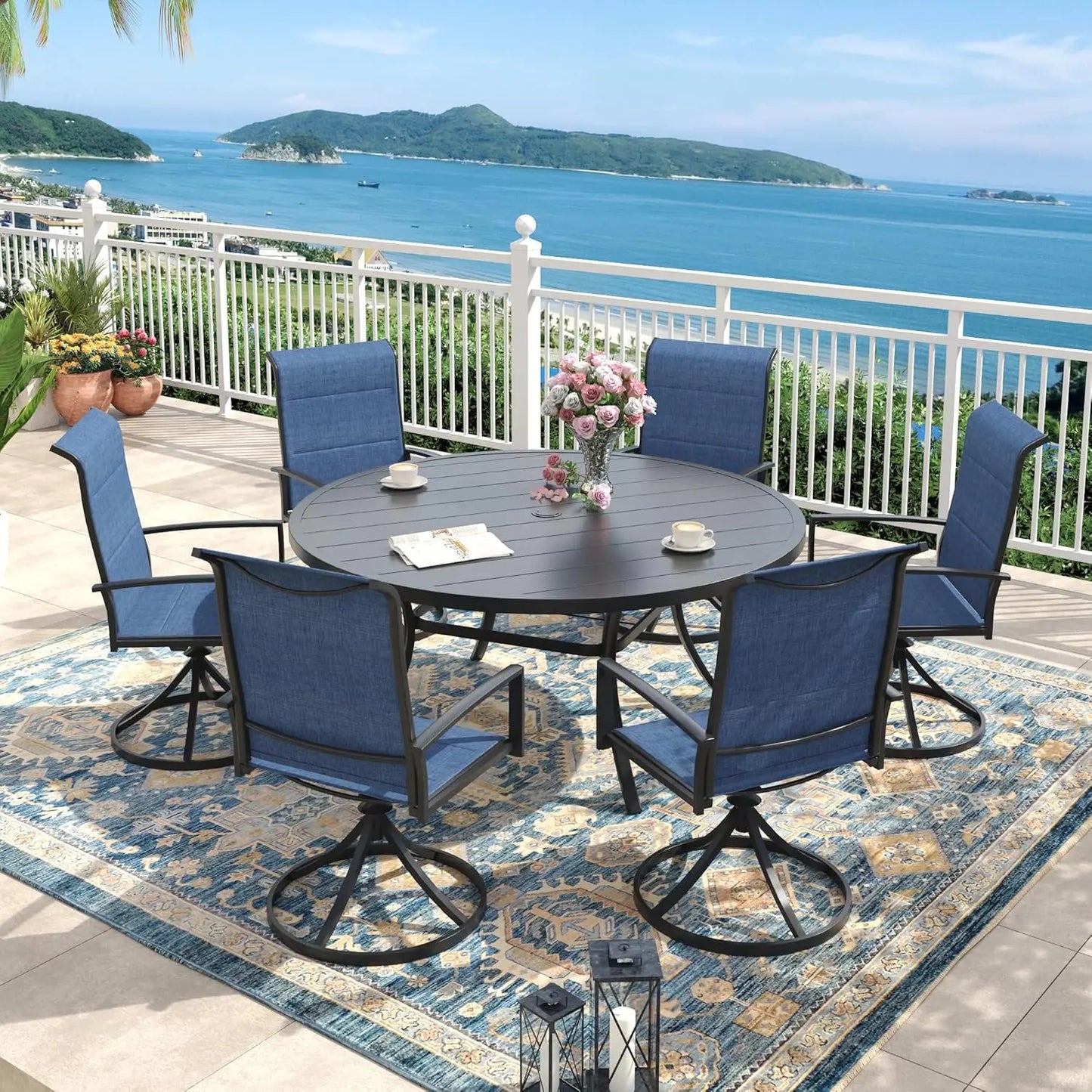 Outdoor Seven Piece Patio Dining Set With Textilene Swivel Chairs
