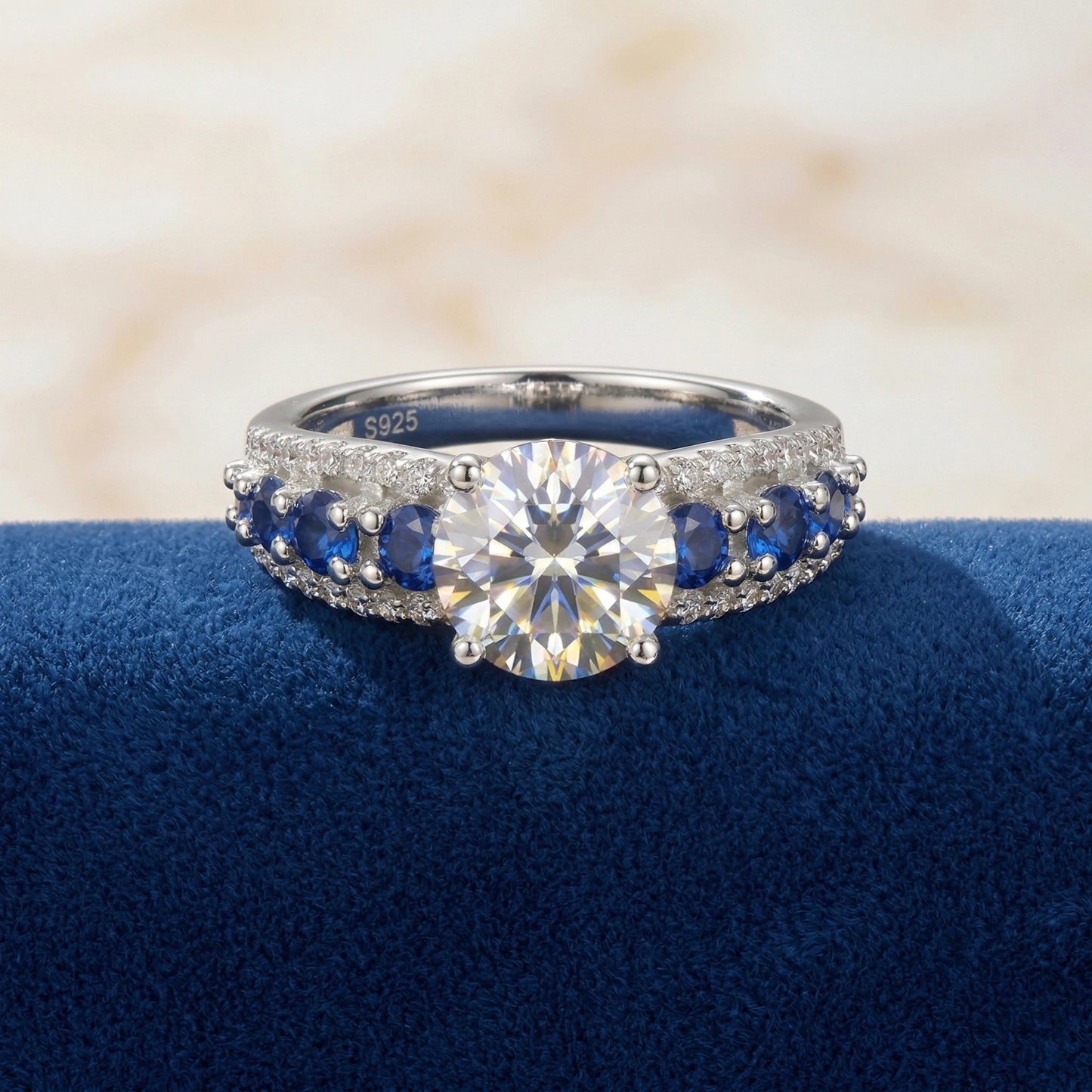 Moissanite Ring 925 Silver D Color VVS1 Sapphire Side Stones