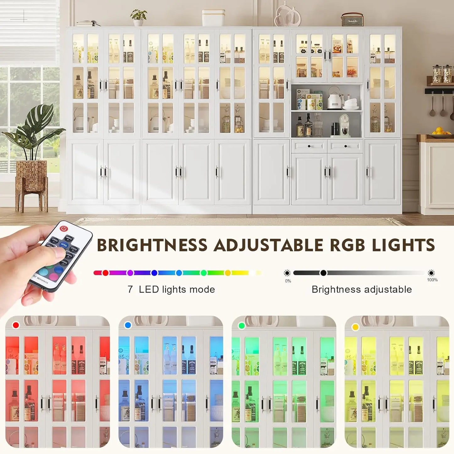 GUANGBAI Kitchen Pantry Storage Cabinet With LED Lights Glass Doors