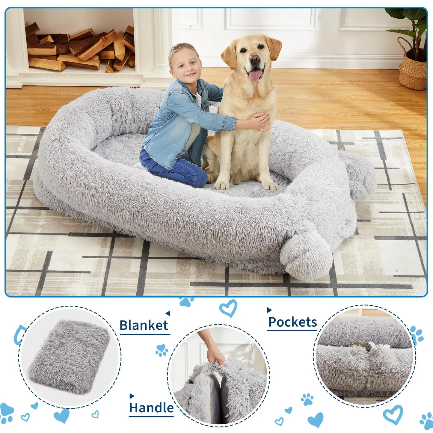 HiMISSCN Dog Bed With Removable Cover, Storage Pockets, Matching Blanket