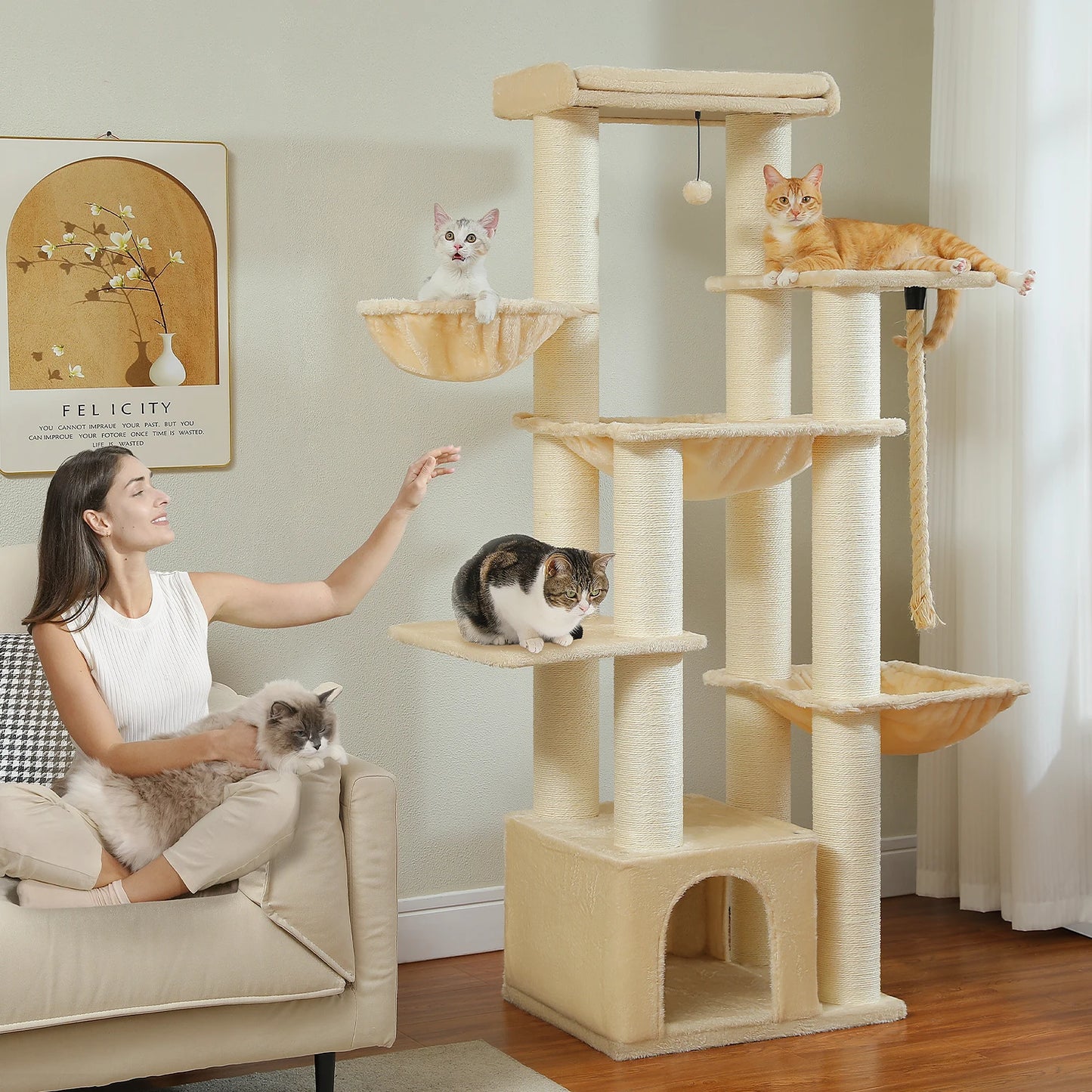 PEQULTICN Multi-Level Cat Tree With Scratching Posts And Condo