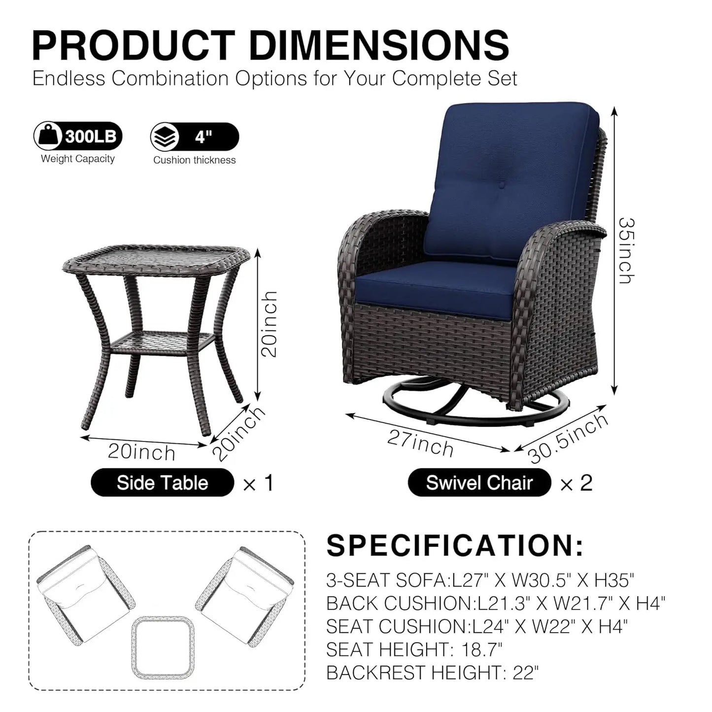 Outdoor Swivel Rocker Chairs 3 Piece Wicker Patio Set