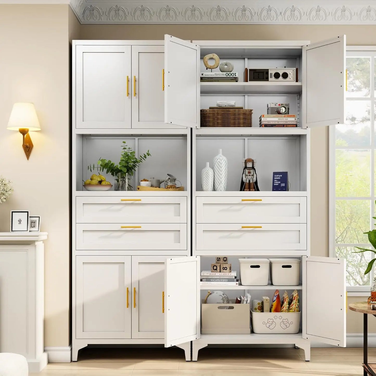 GUANGBAI Pantry Storage Cabinet With Metal Drawers And Adjustable Shelves