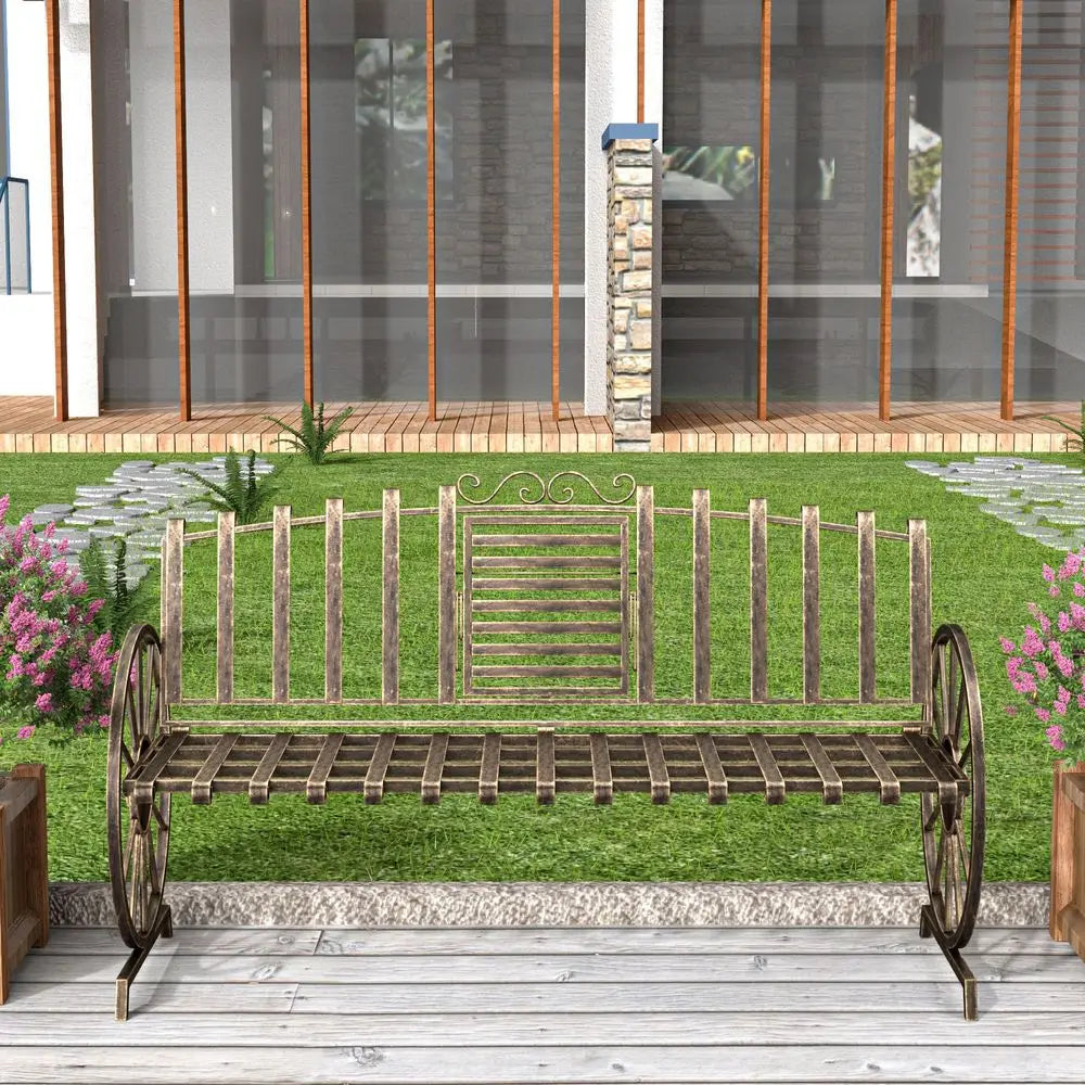 Patio Garden Bench With Builtin Table And Wagon Wheel Arms