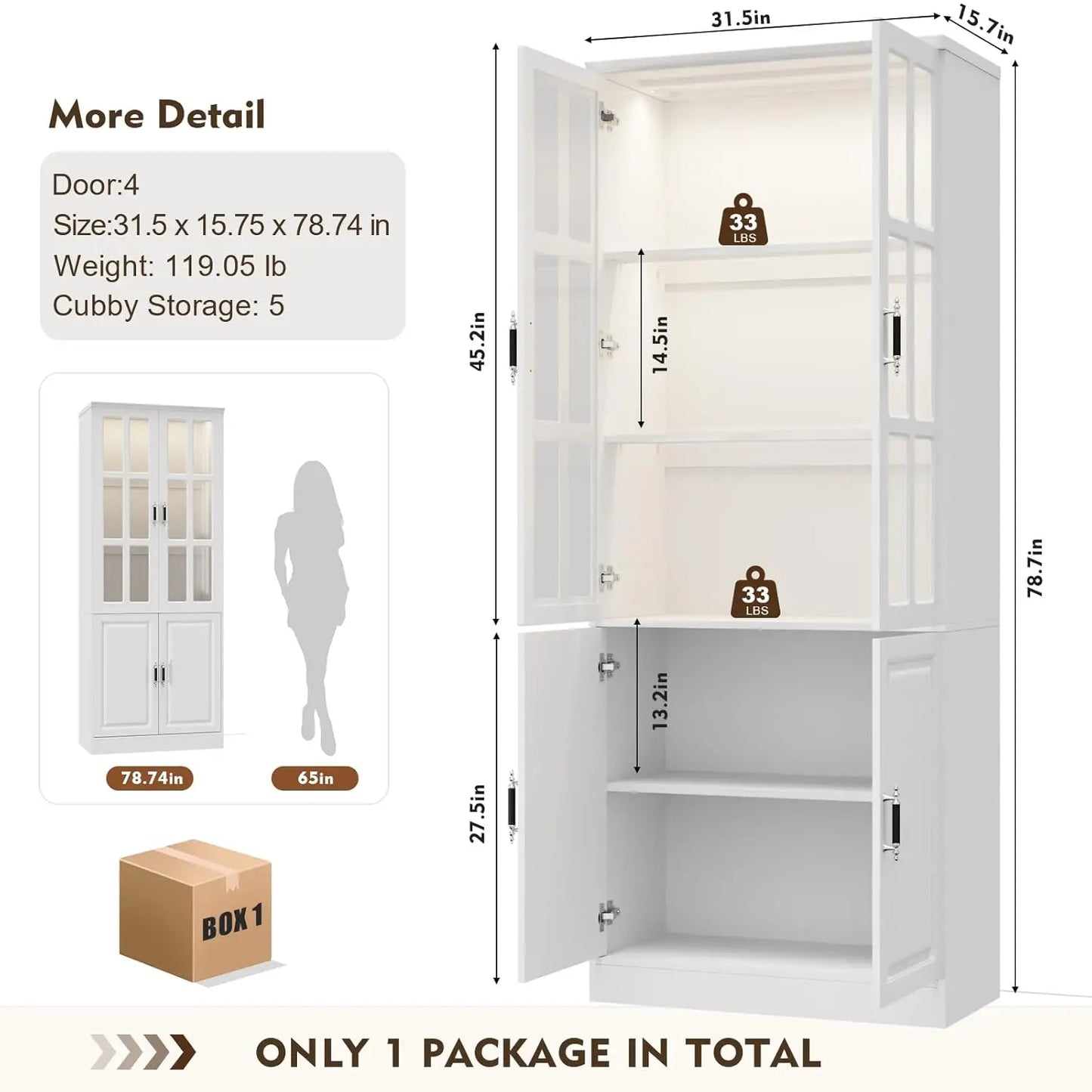 GUANGBAI Kitchen Pantry Storage Cabinet With LED Lights Glass Doors