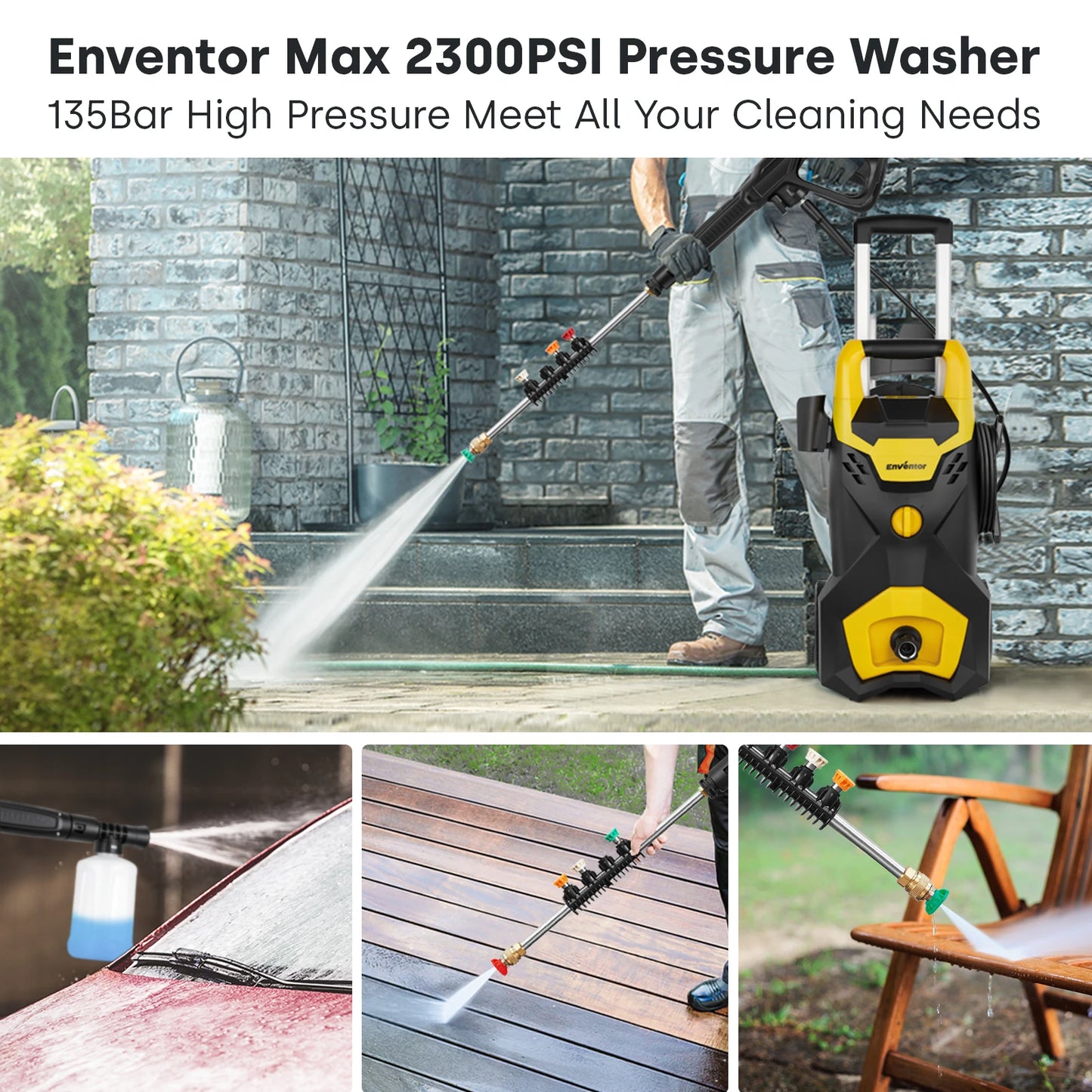 Enventor Pressure Washer 2300 PSI With 4 Nozzles Foam Cannon