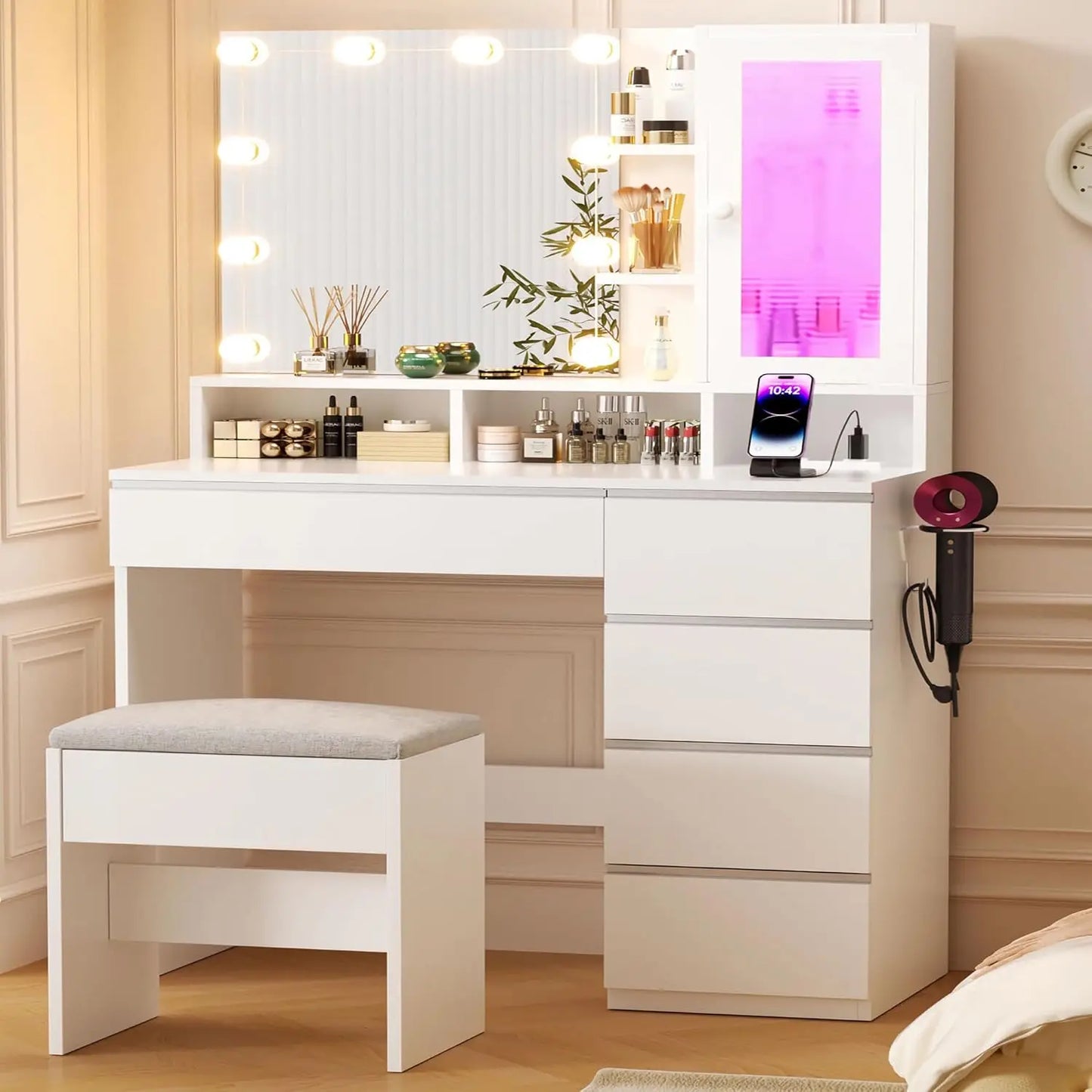 Vanity Desk With LED Mirror And Power Outlet For Makeup