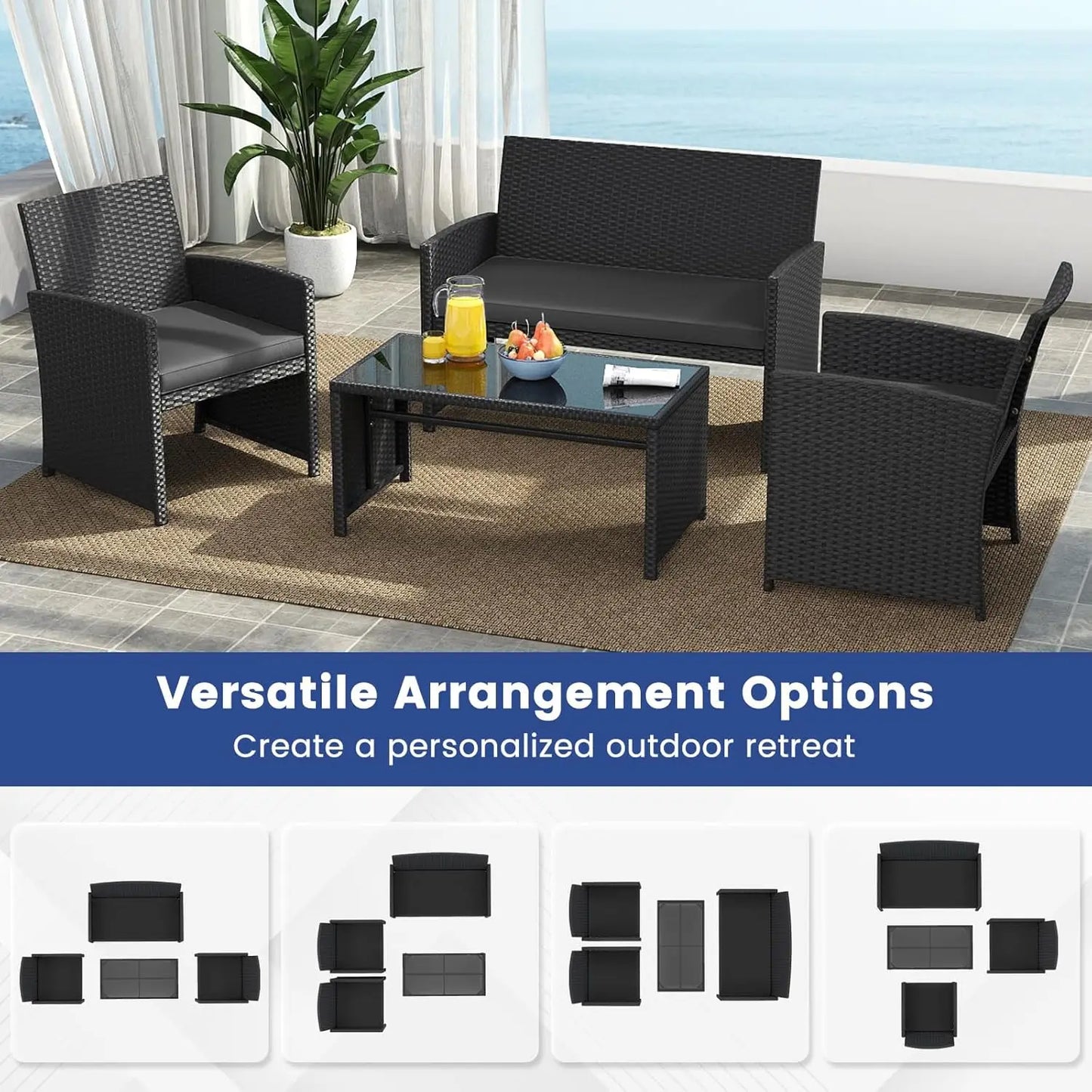 Patio Wicker Furniture Set With Cushioned Chairs And Glass Table