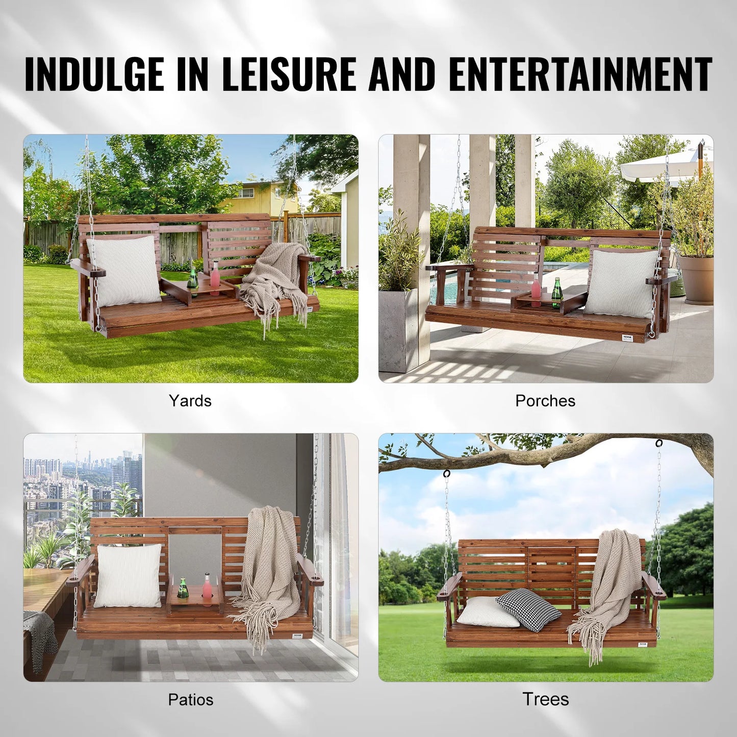 SucceBuy Wooden Porch Swing For Patio Garden Outdoor Bench