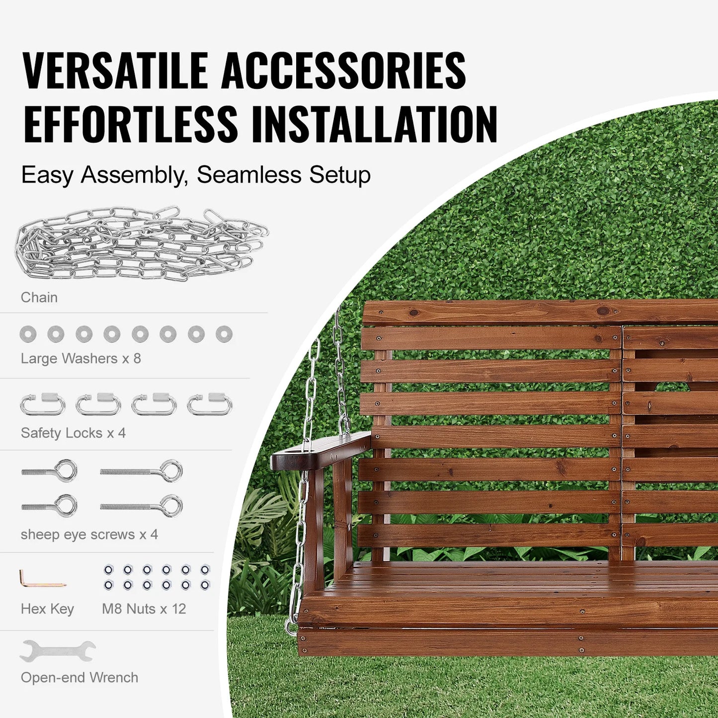 SucceBuy Wooden Porch Swing For Patio Garden Outdoor Bench