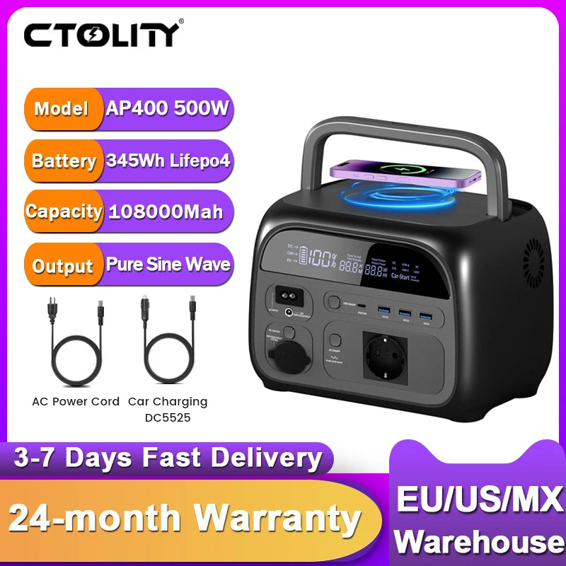 CTOLITY 500W Camping Power Station 345.6Wh LiFePo4 Portable Solar Generator