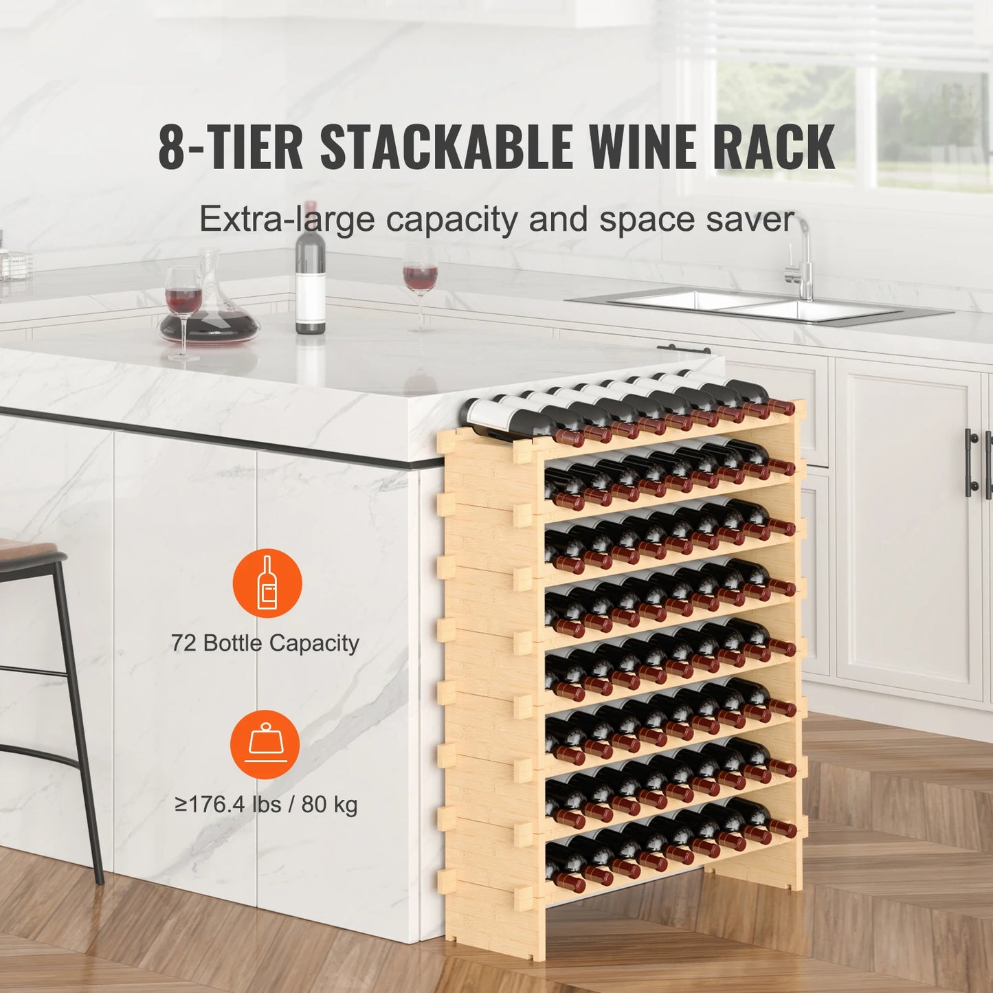 SucceBuy 8-Tier Stackable Bamboo Wine Rack Free Standing Display