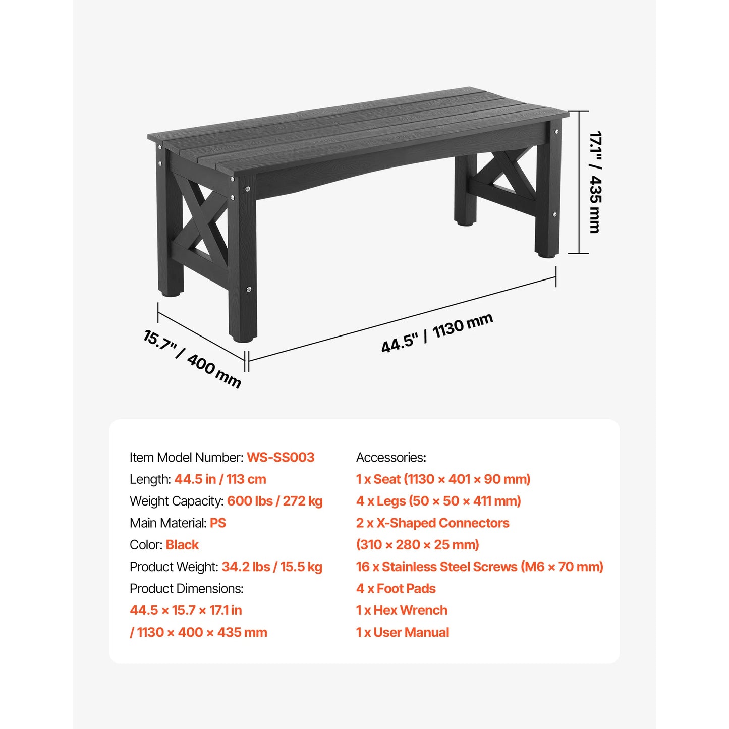 SucceBuy Outdoor Wood Metal Garden Bench With 480 Lb Capacity