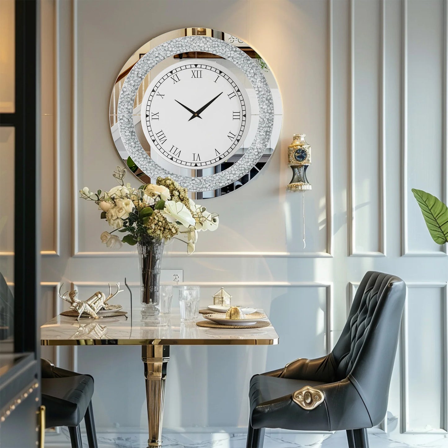Round Mirror And Wall Clock For Living Room Crystal Sparkle
