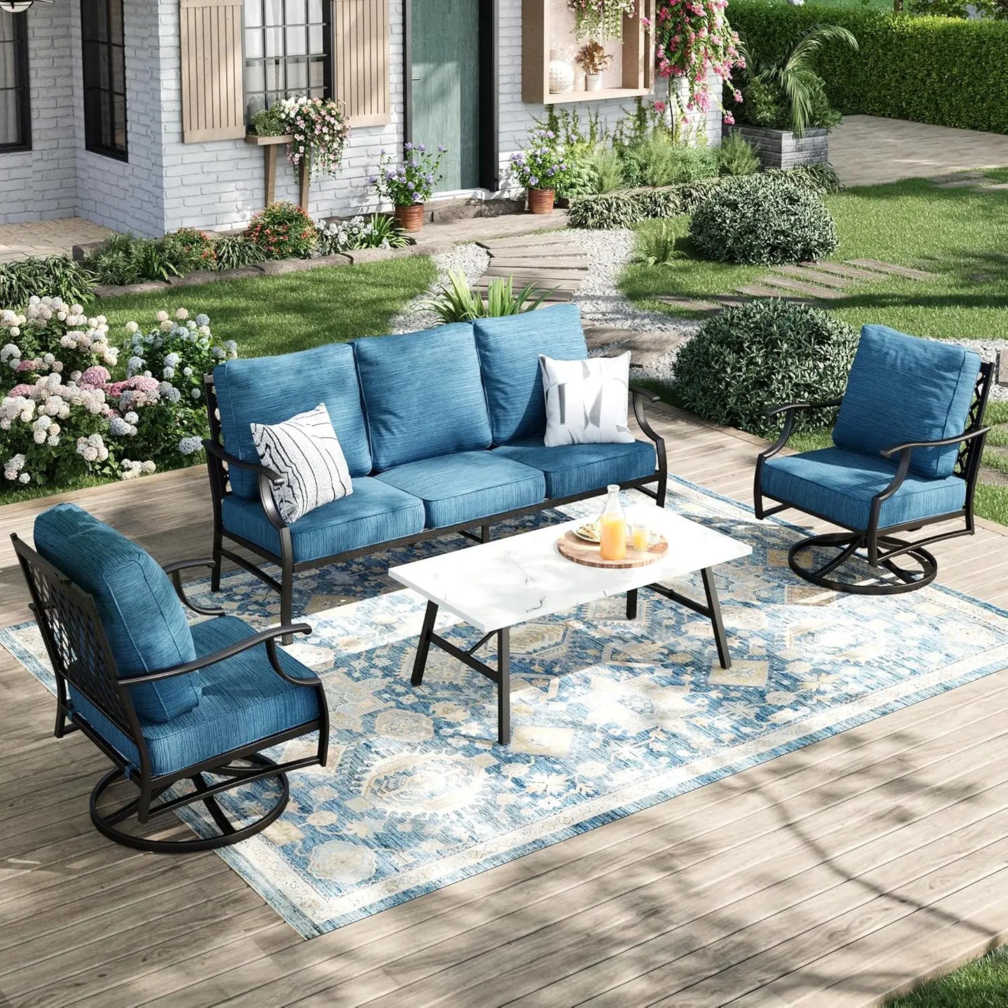 Patio Furniture Set 4-Piece Outdoor Metal Includes Sofa Swivel Chairs