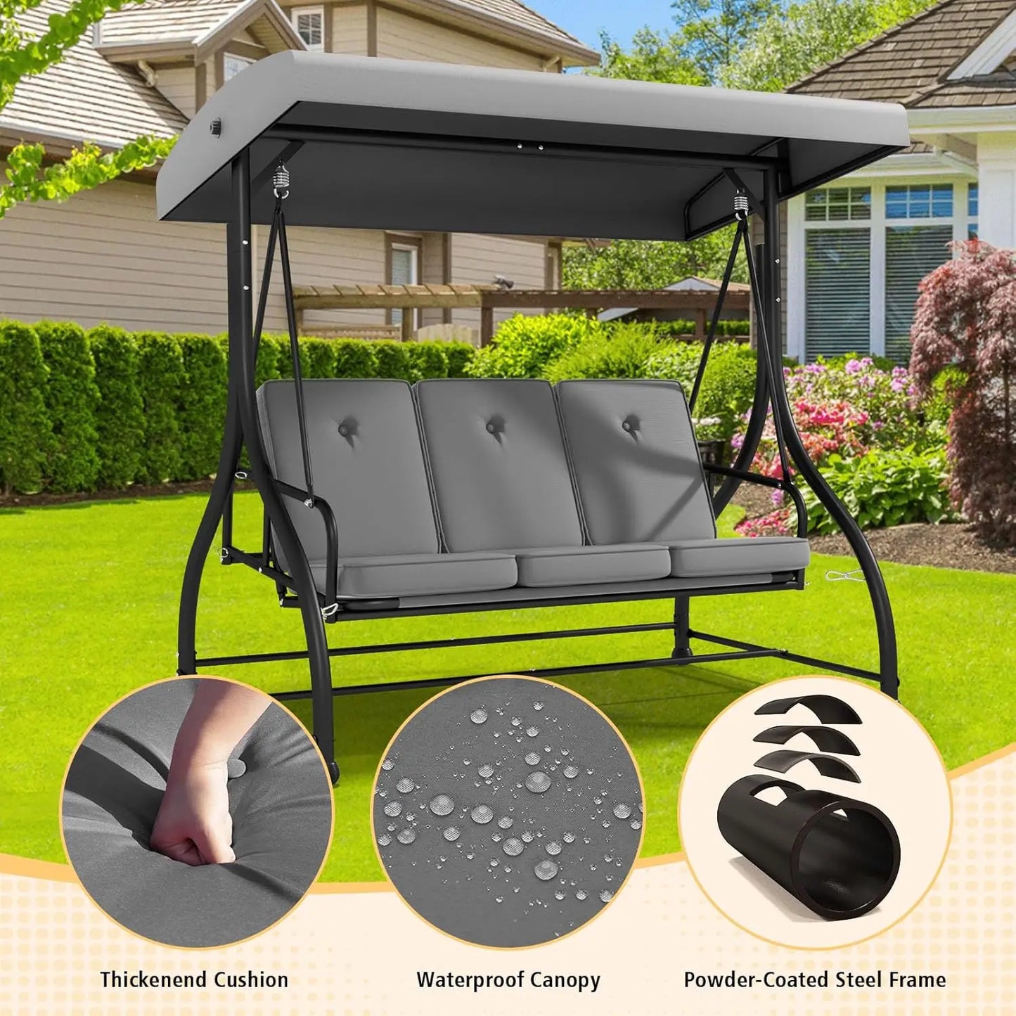 Three Seat Outdoor Patio Swing With Adjustable Canopy And Cushions