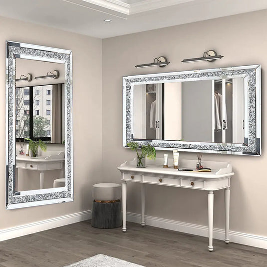 Luvodi Wall Mounted Vanity Mirror With Crystal Rhinestone Diamond Frame