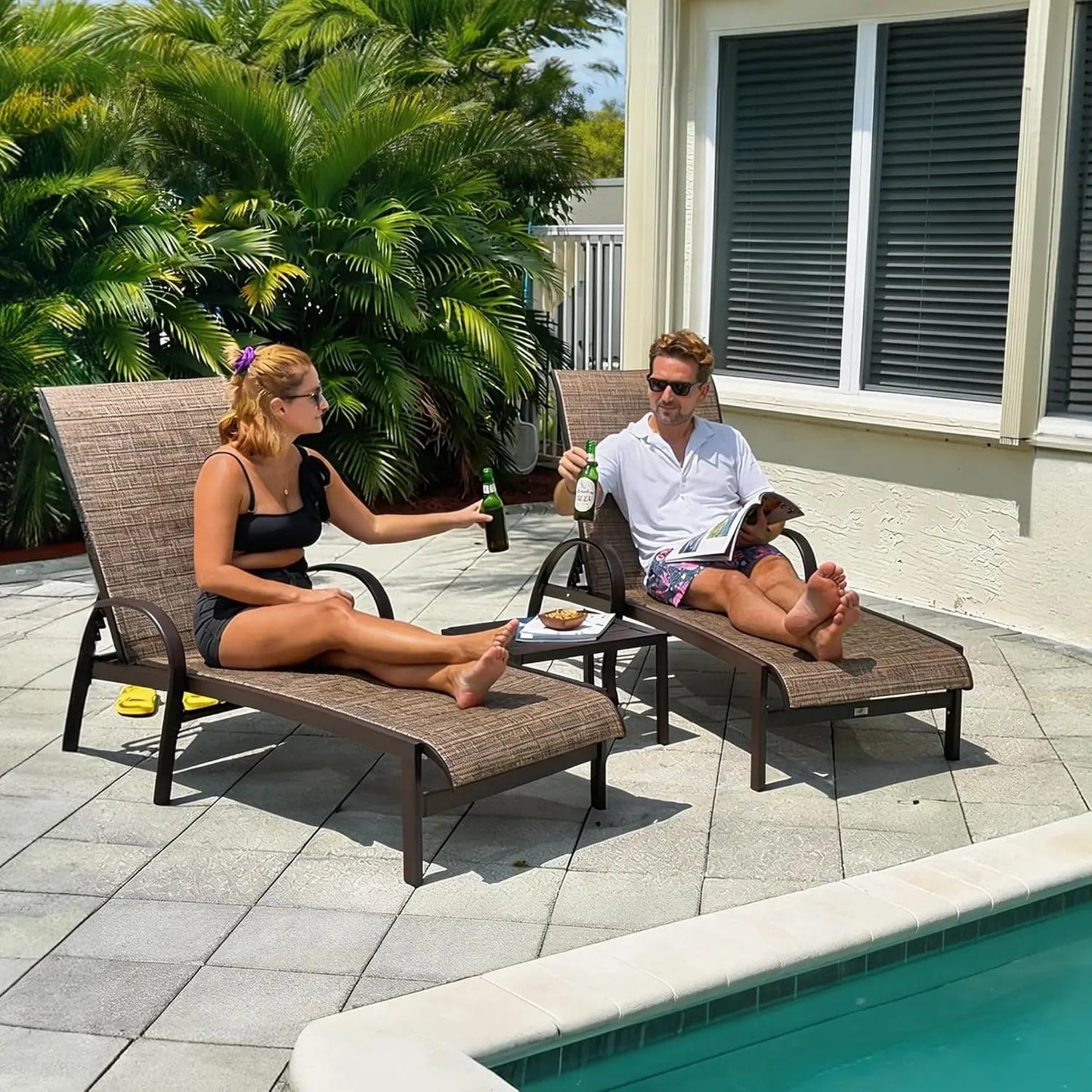 Outdoor Chaise Lounge Set of Three With Adjustable Aluminum Loungers