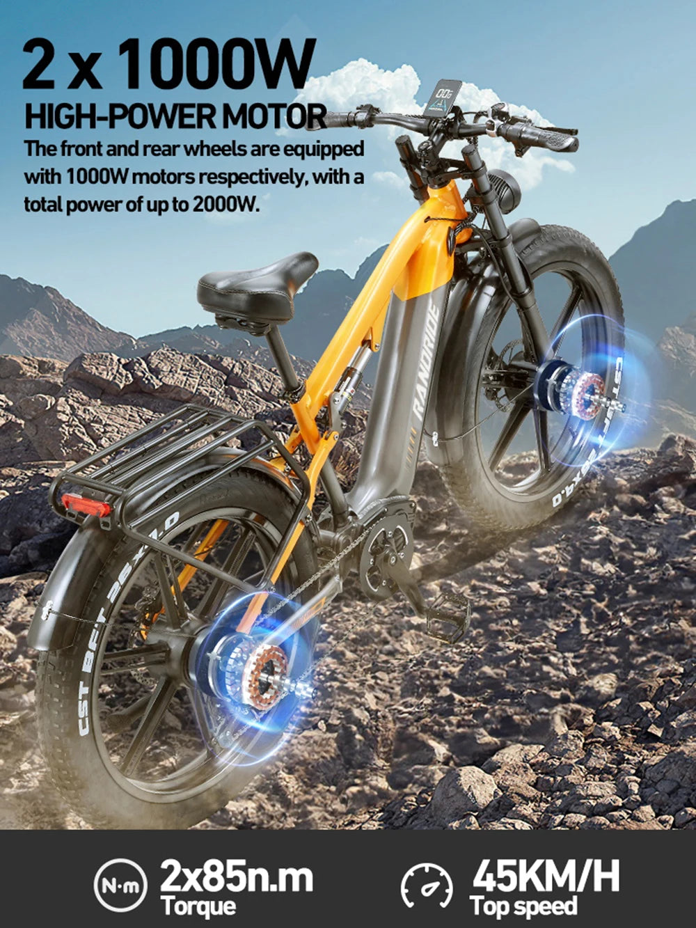 RANDRIDE 2000W Electric Mountain Bike 48V 20Ah Battery 50 Kmh
