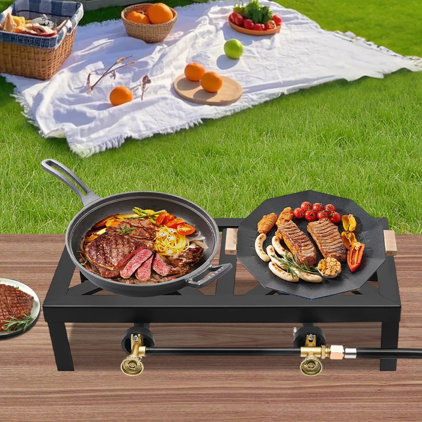 Portable Outdoor Double Burner Gas Stove With Adjustable Regulator Hose