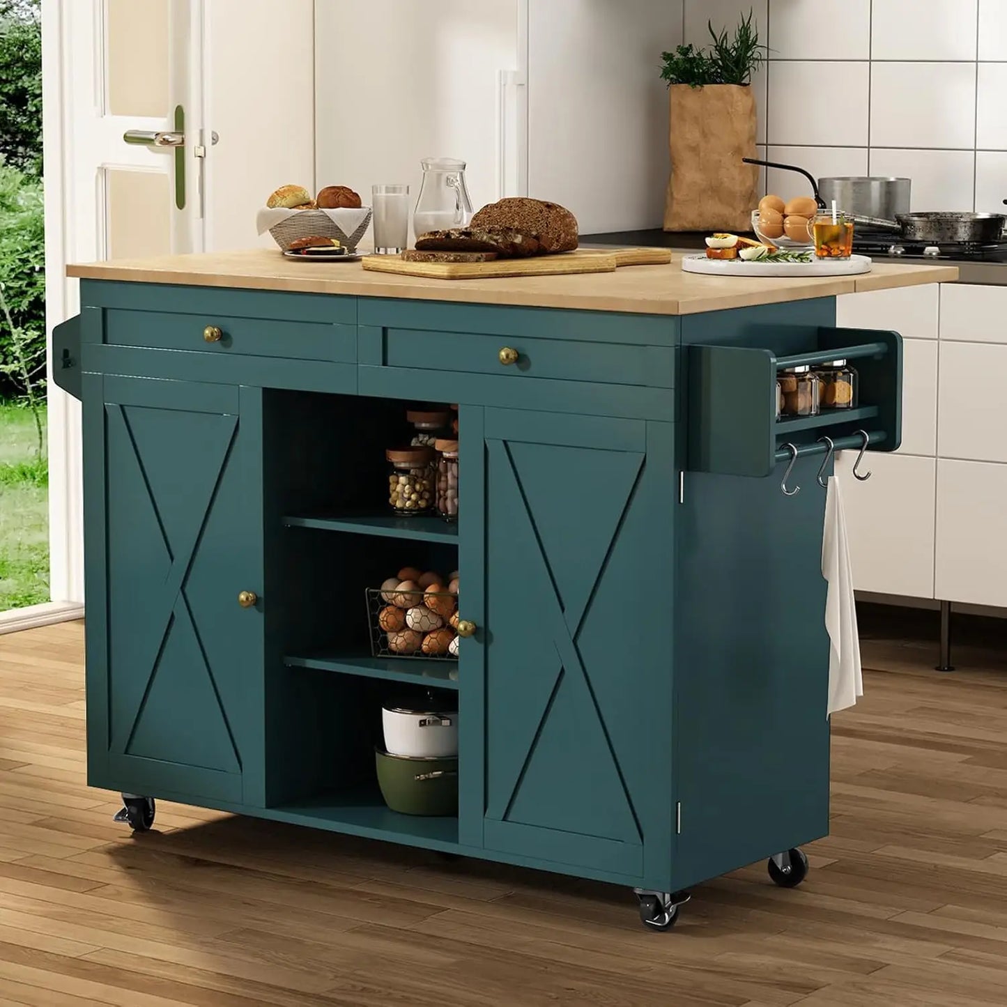 Mobile Kitchen Island On Wheels With Drop Leaf Countertop Barn Door
