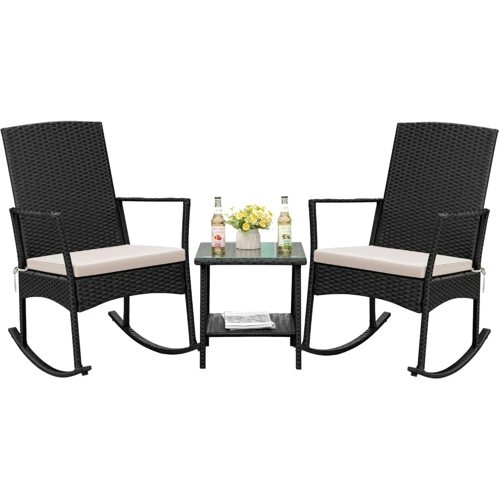 Outdoor PE Rattan Rocking Chair With Glass Table Patio Set