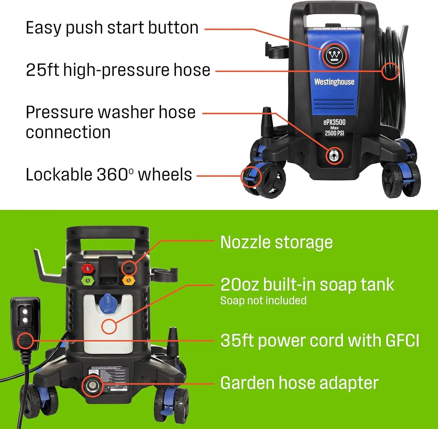 EPX3500 Electric Pressure Washer 2500 PSI 1.76 GPM Anti Tipping Pro Wand
