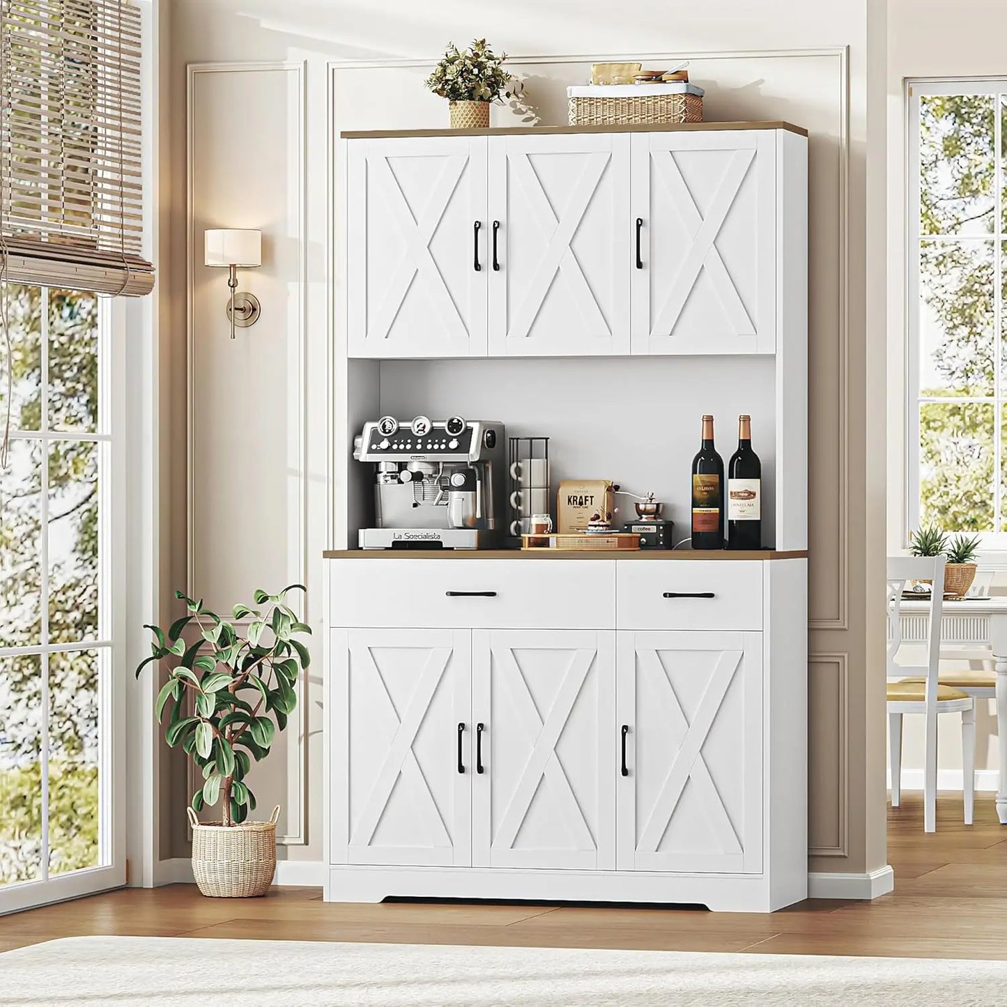 Chengwei Pantry Cabinet With Charging Station Farmhouse Style