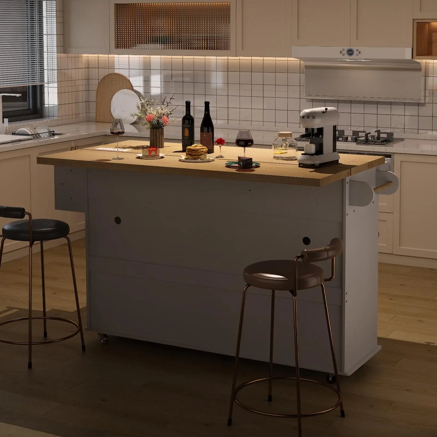 ONBRILL Mobile Kitchen Island With Power Outlet Drop Leaf And Towel Rack