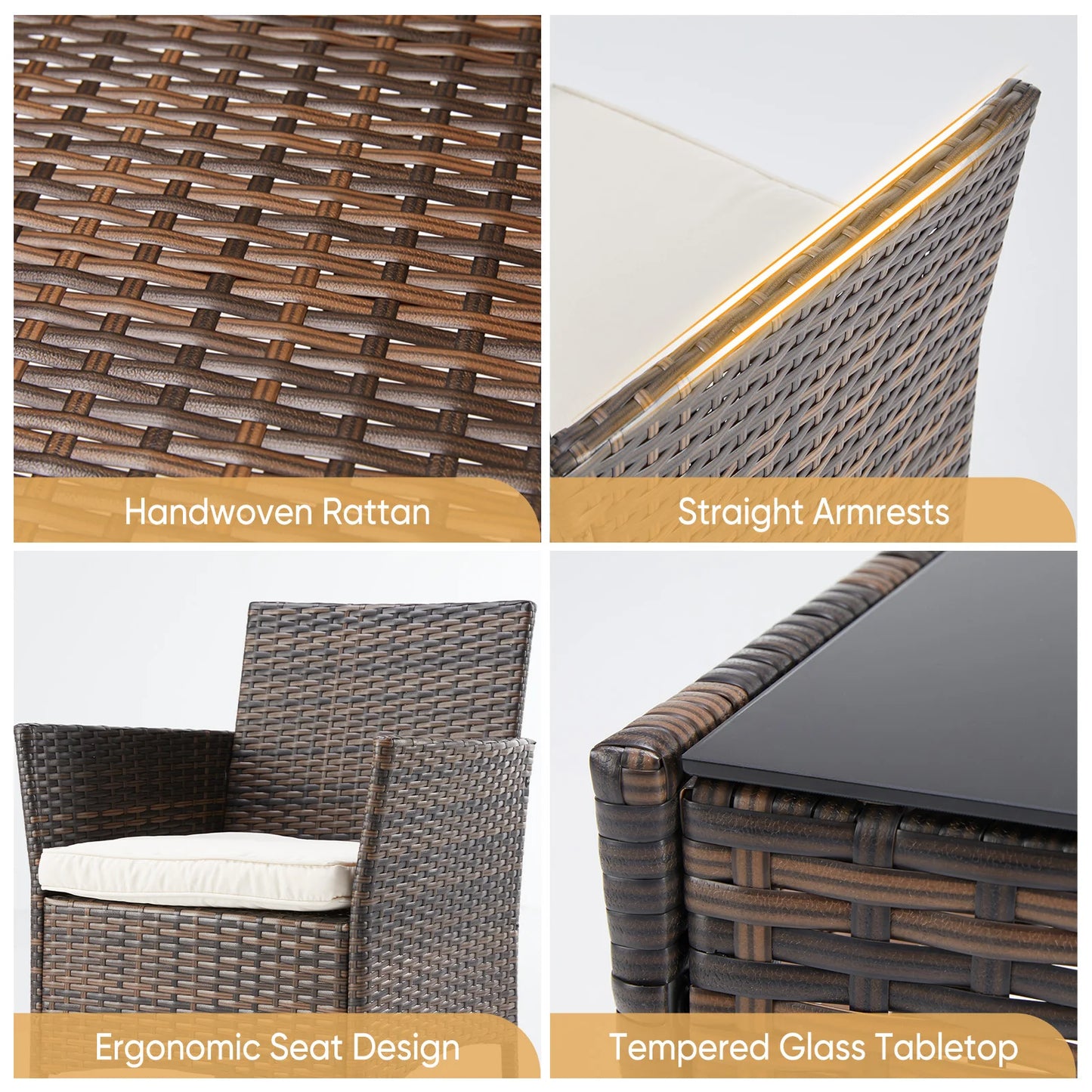JHK Outdoor 3-Piece Wicker Rattan Patio Set with Glass Table