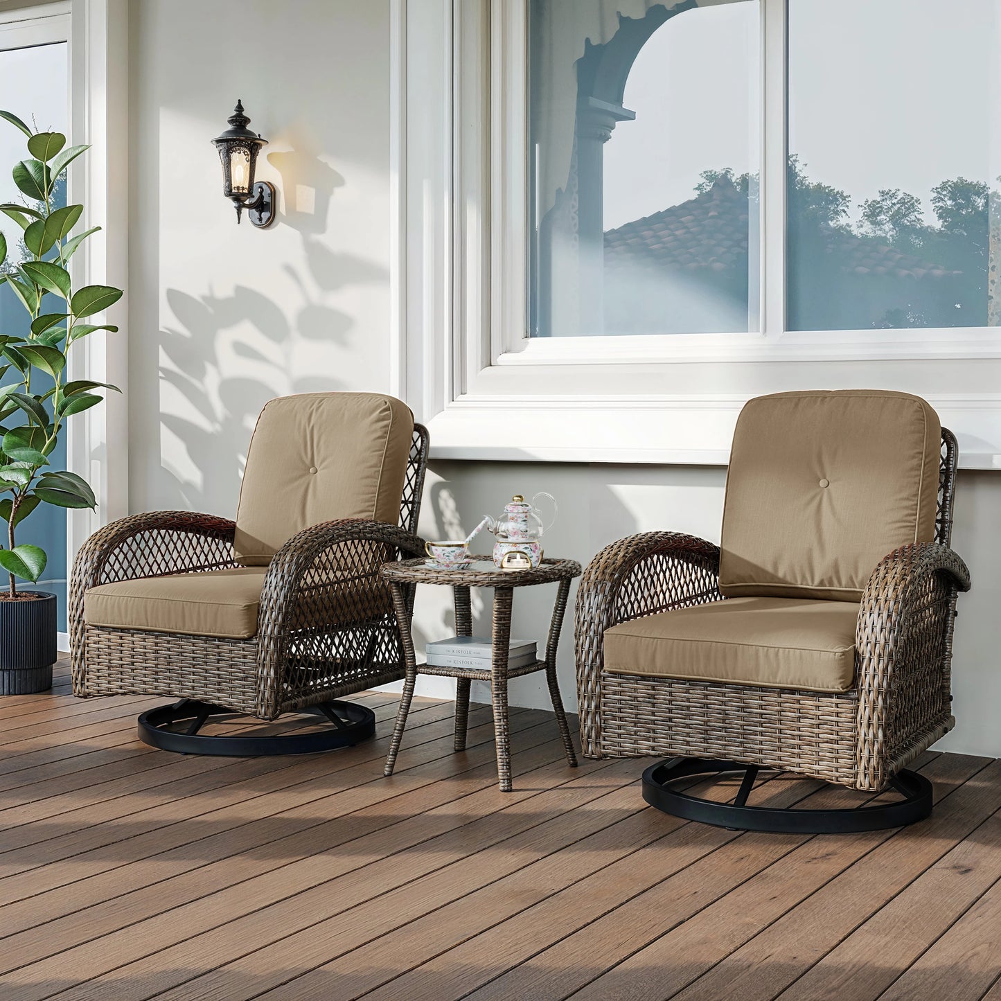 Outdoor Rotating Rocking Chair Patio Set with Padded Cushions