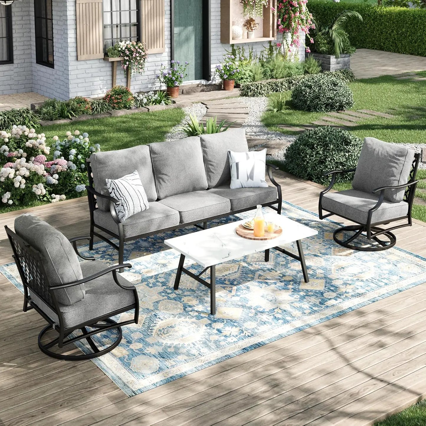 Patio Furniture Set 4-Piece Outdoor Metal Includes Sofa Swivel Chairs