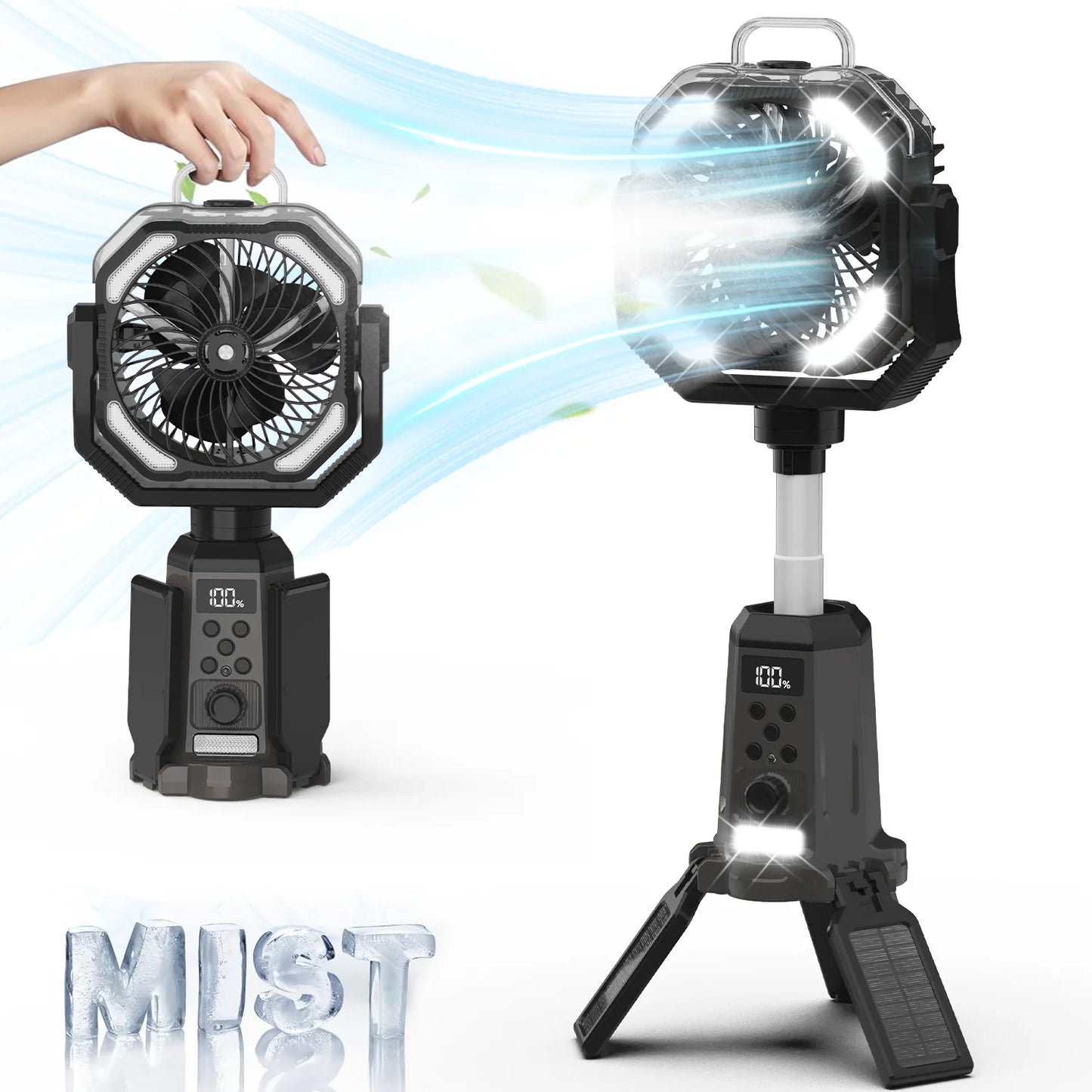 Portable Rechargeable Camping Fan With Stand Remote Control And Spray