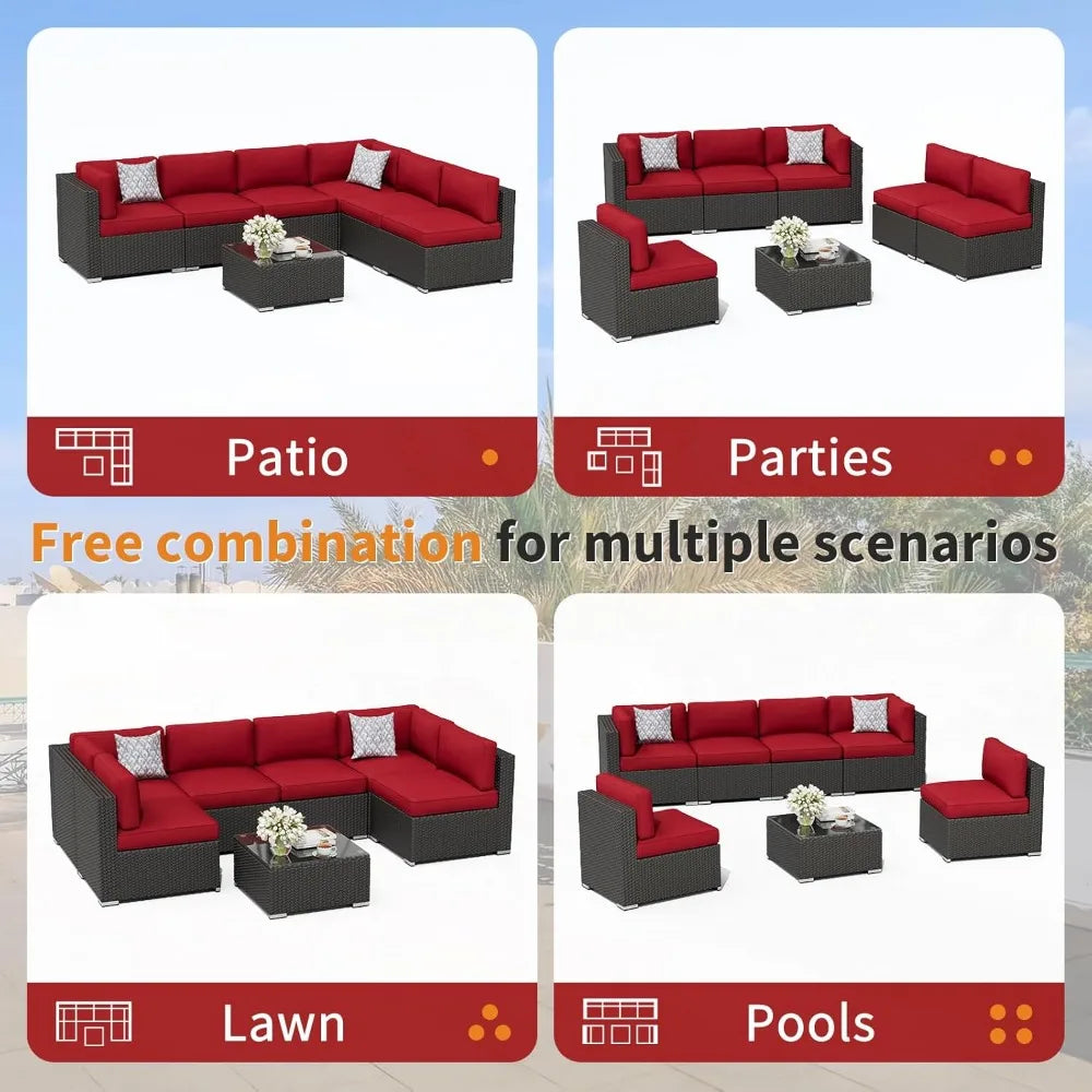 7-Piece Outdoor Patio Furniture Sofa Set With Glass Top Table
