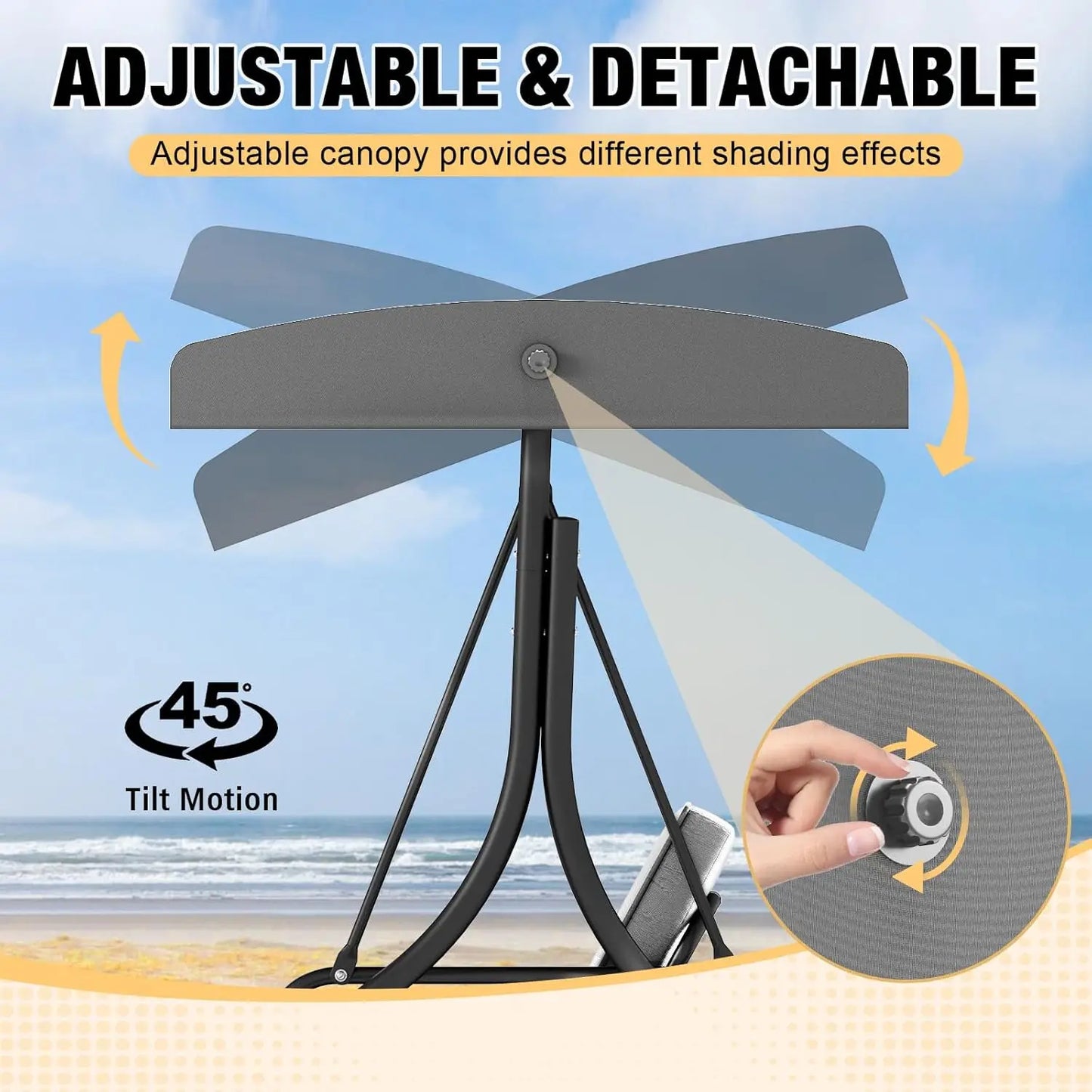 Three Seat Outdoor Patio Swing With Adjustable Canopy And Cushions