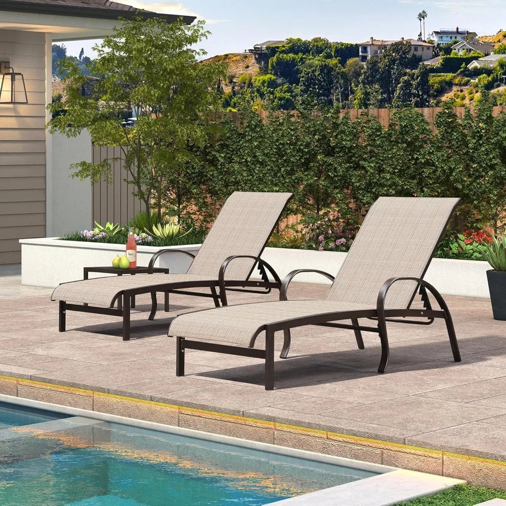Outdoor Chaise Lounge Set of Three With Adjustable Aluminum Loungers