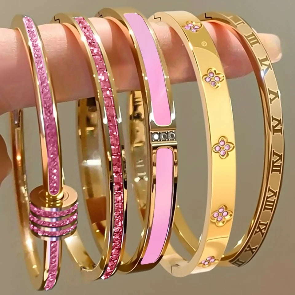 Sparkling Zirconia Inlaid Stainless Steel Stackable Bracelet Set For Women