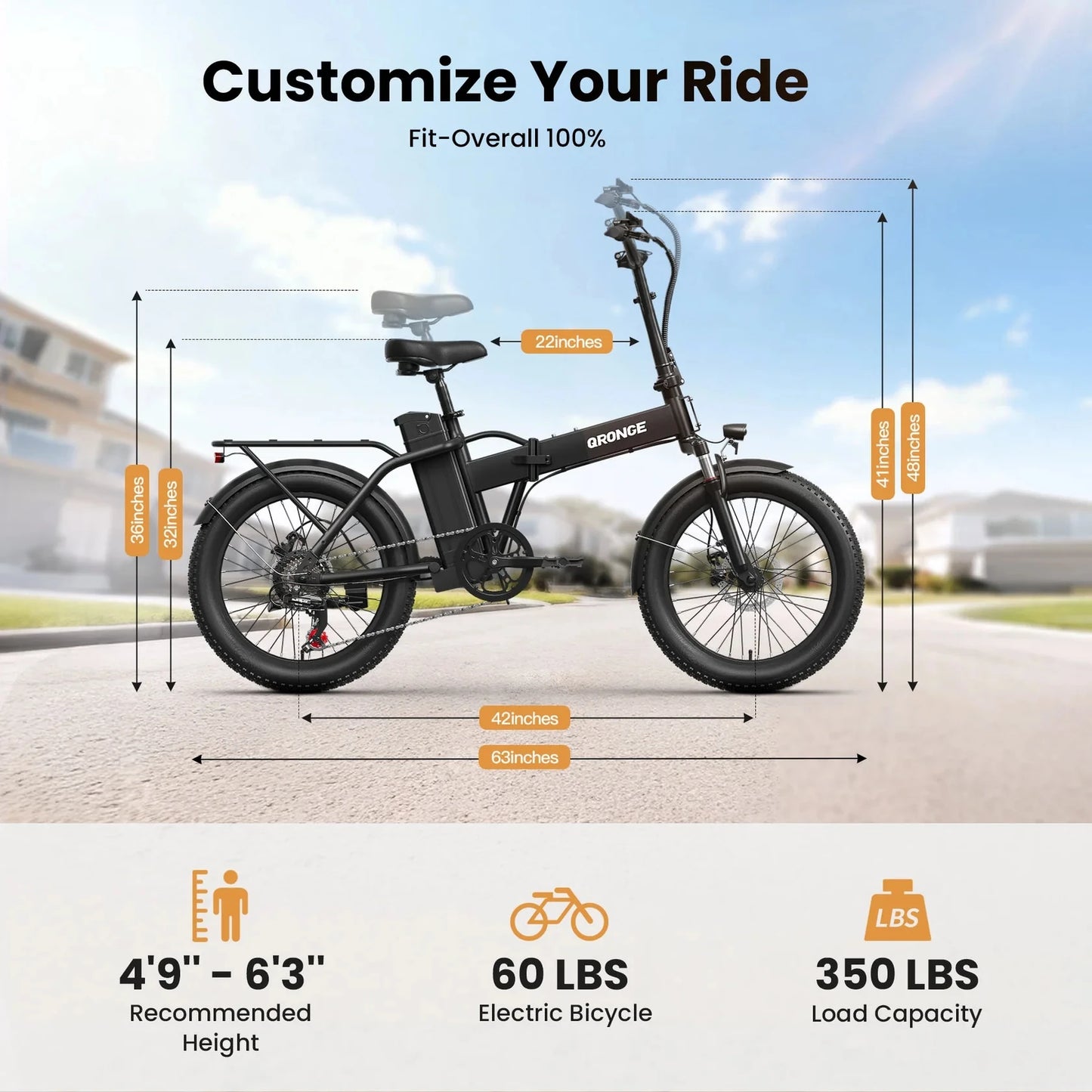 QRONGE Waterfall Folding Electric Bike 1000W Peak 48V