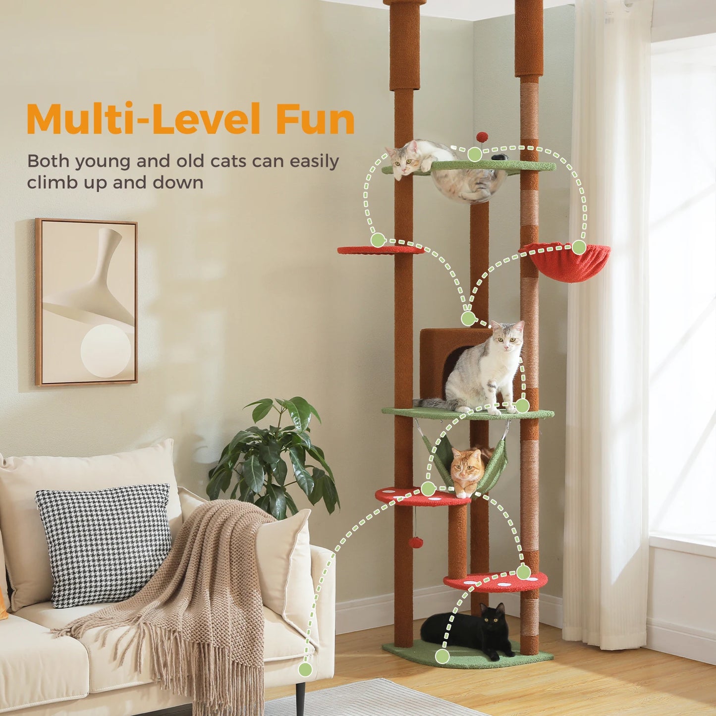 PAWZ Road Floor-To-Ceiling Cat Tree With Sisal Scratching Posts