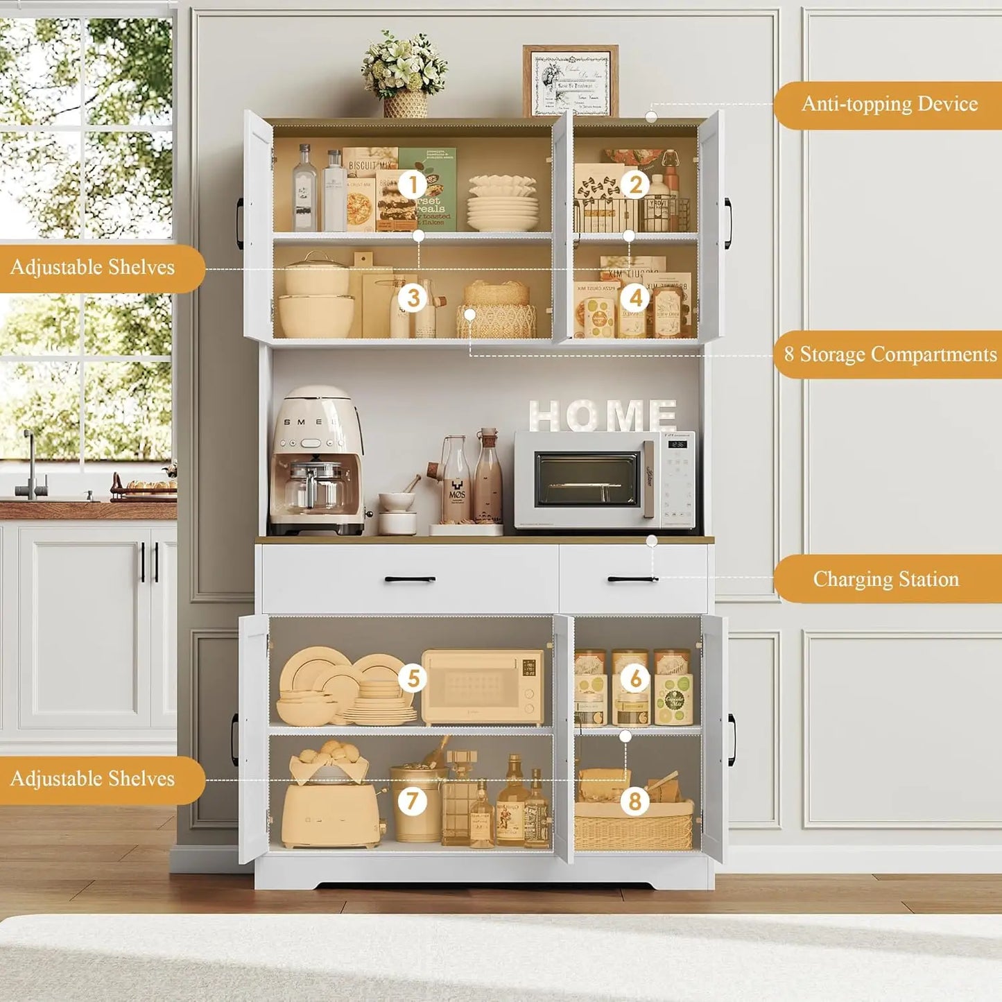 Chengwei Pantry Cabinet With Charging Station Farmhouse Style
