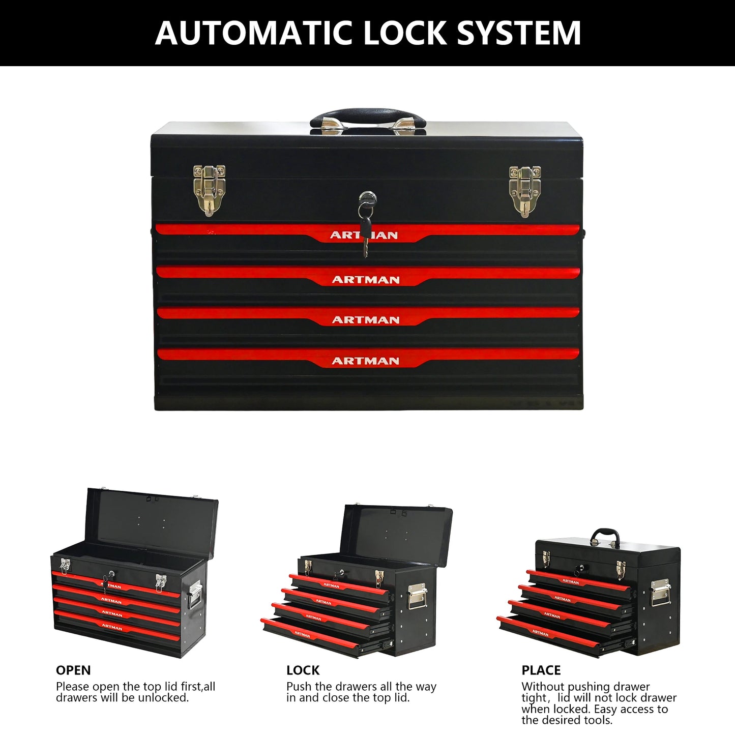 ARTMAN Portable Metal Tool Box With Drawers And Locking Lid