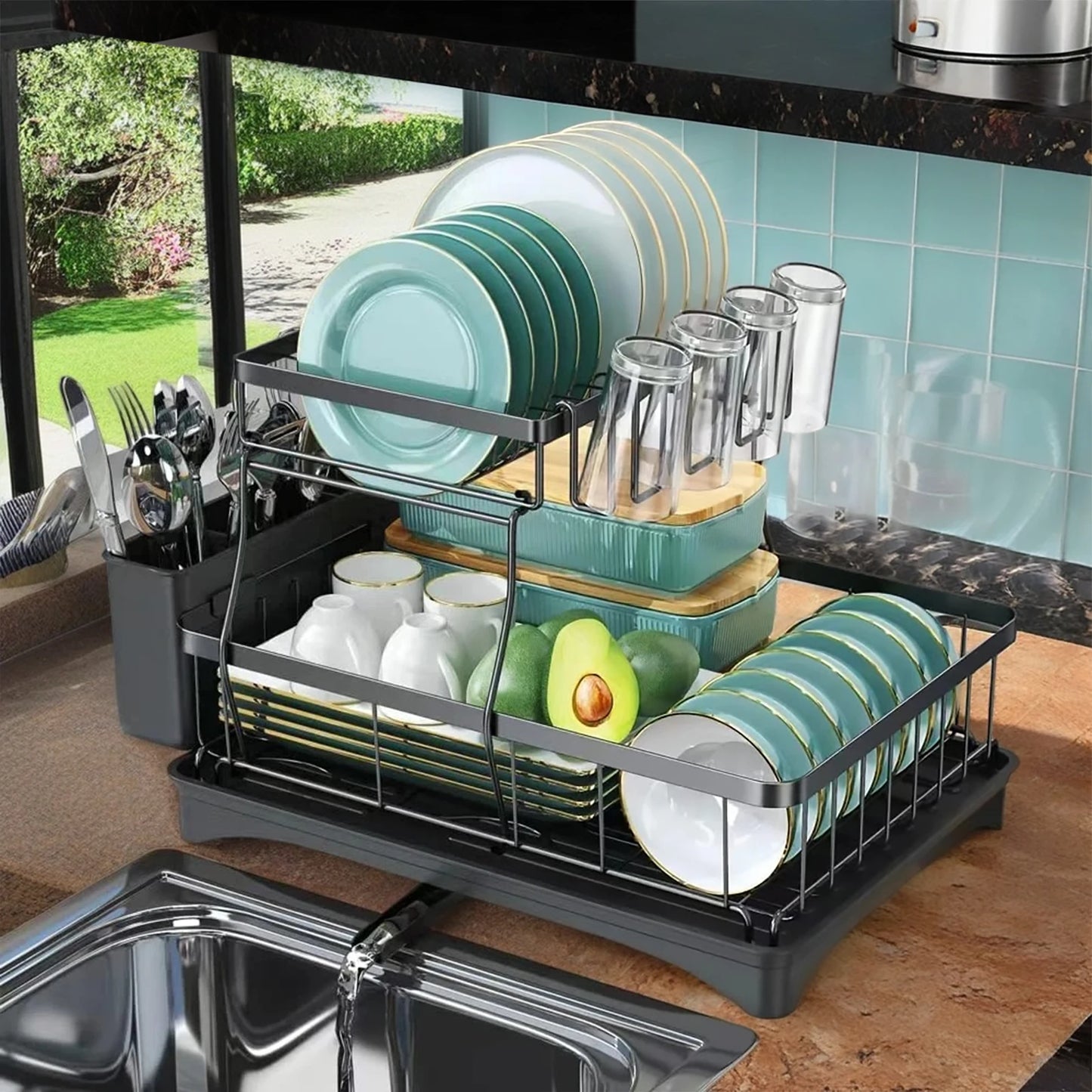 Two Tier Dish Drying Rack For Kitchen Countertop Durable