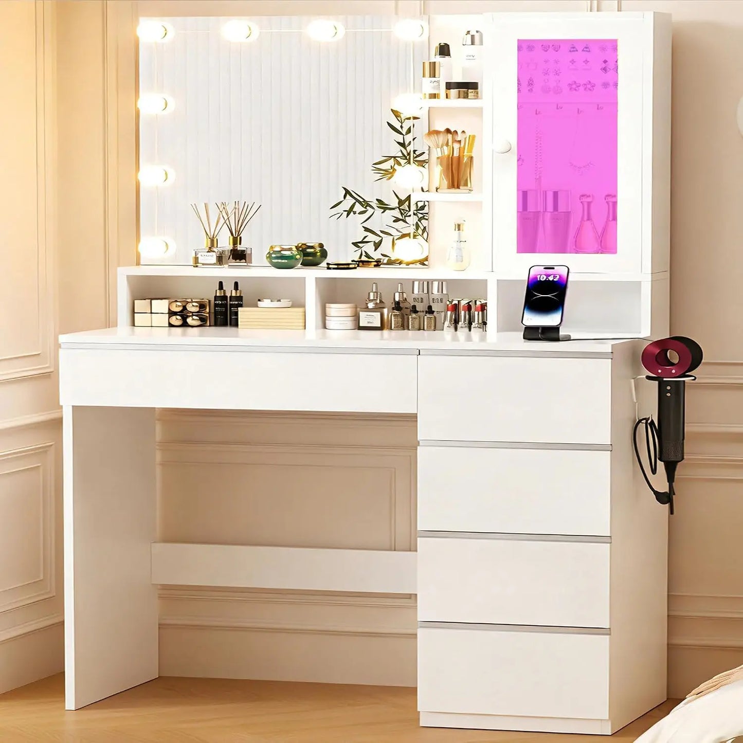 Vanity Desk With LED Mirror And Power Outlet For Makeup