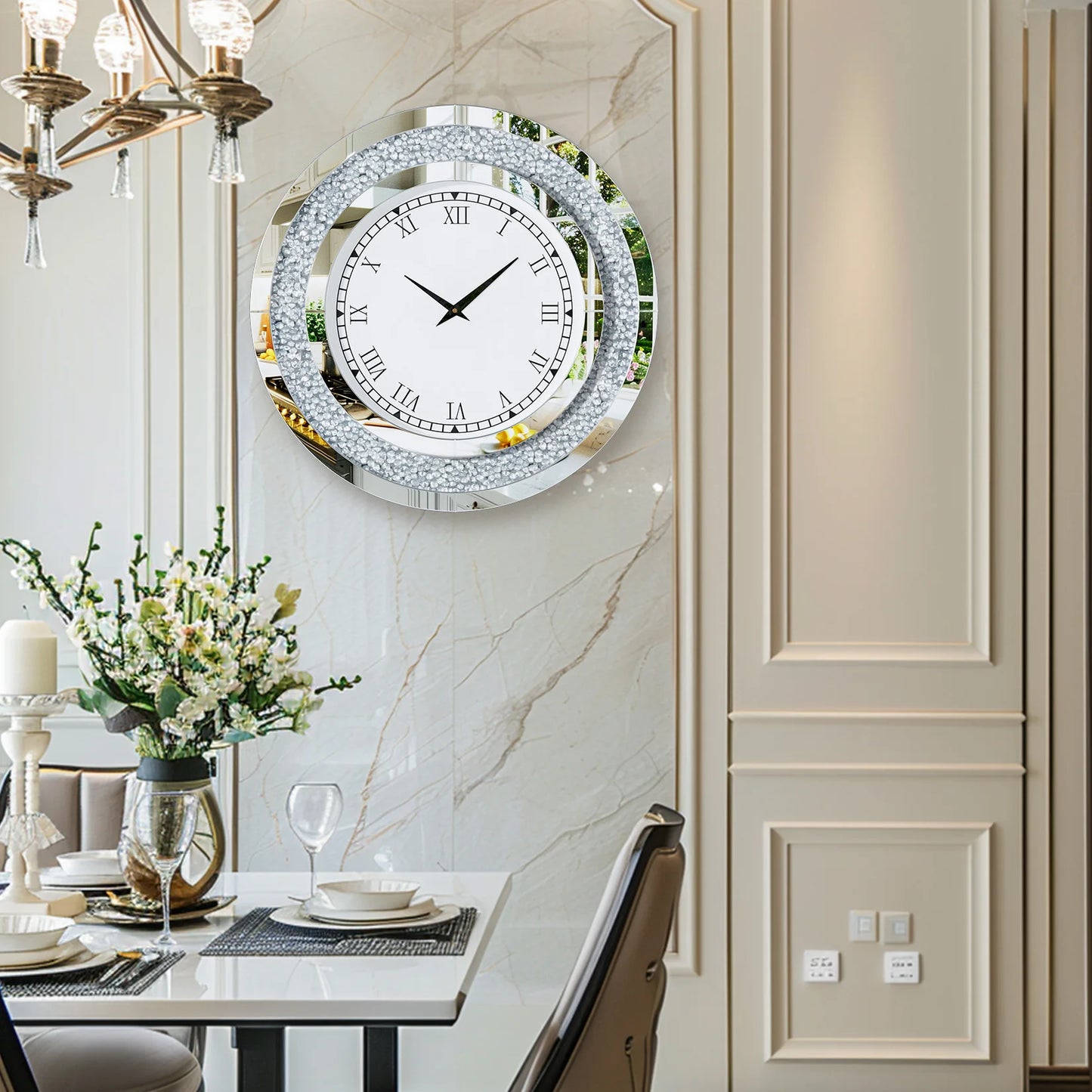 Round Mirror And Wall Clock For Living Room Crystal Sparkle