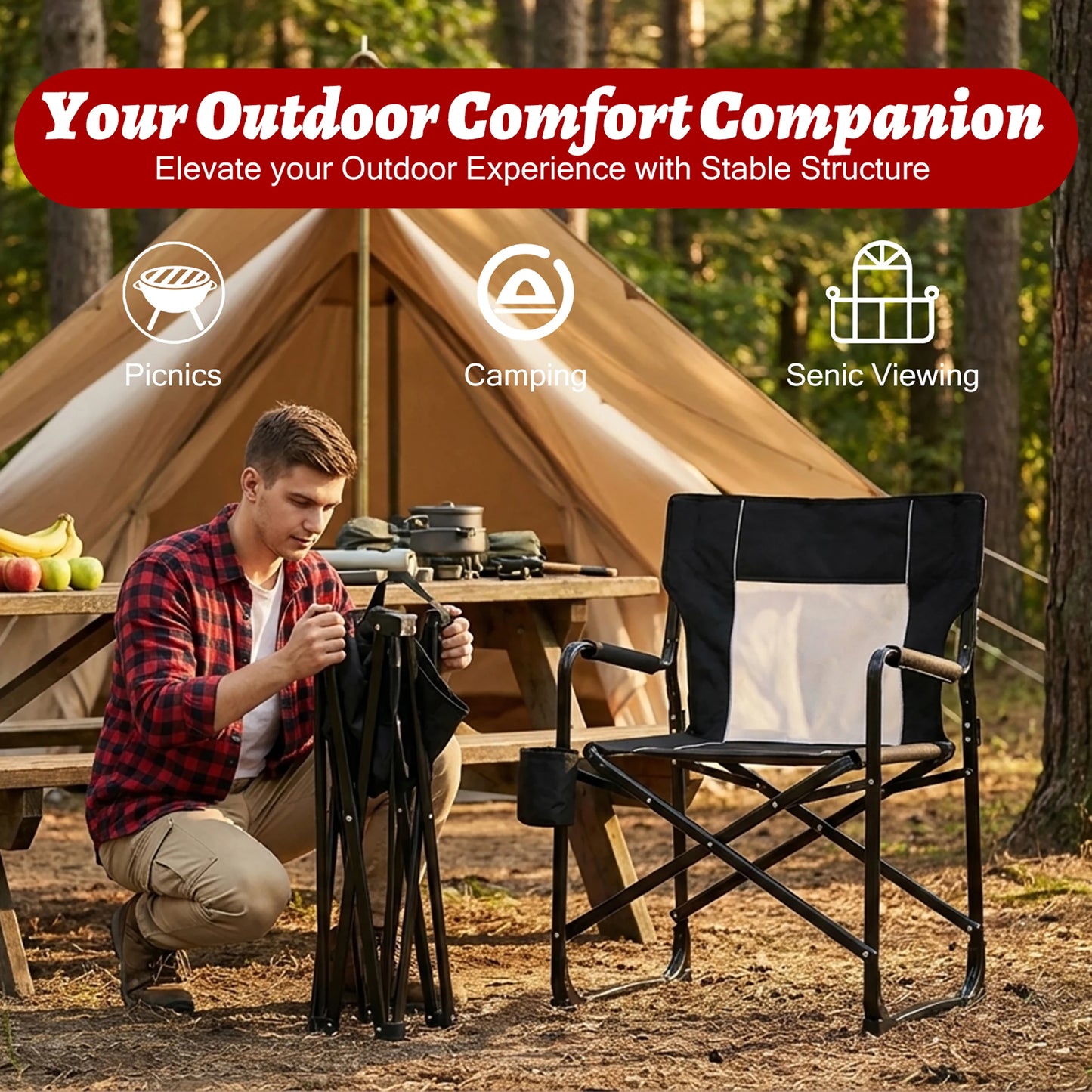 JHK Outdoor Folding Camping Chair With Mesh Back Armrests Waterproof