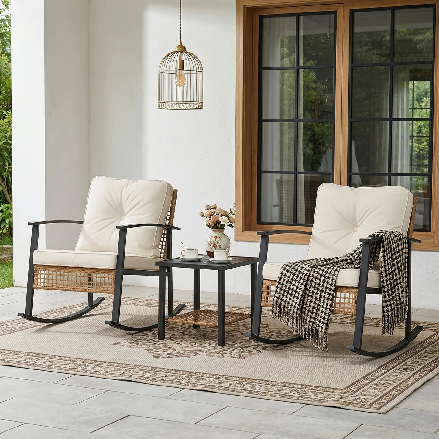PIYRQ Rattan Rocking Chair Set Outdoor Patio Glider