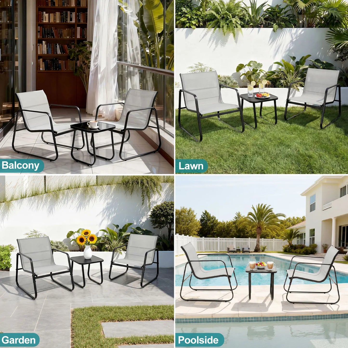 JHK 3 Piece Patio Furniture Set With Table Outdoor Metal Frame Garden